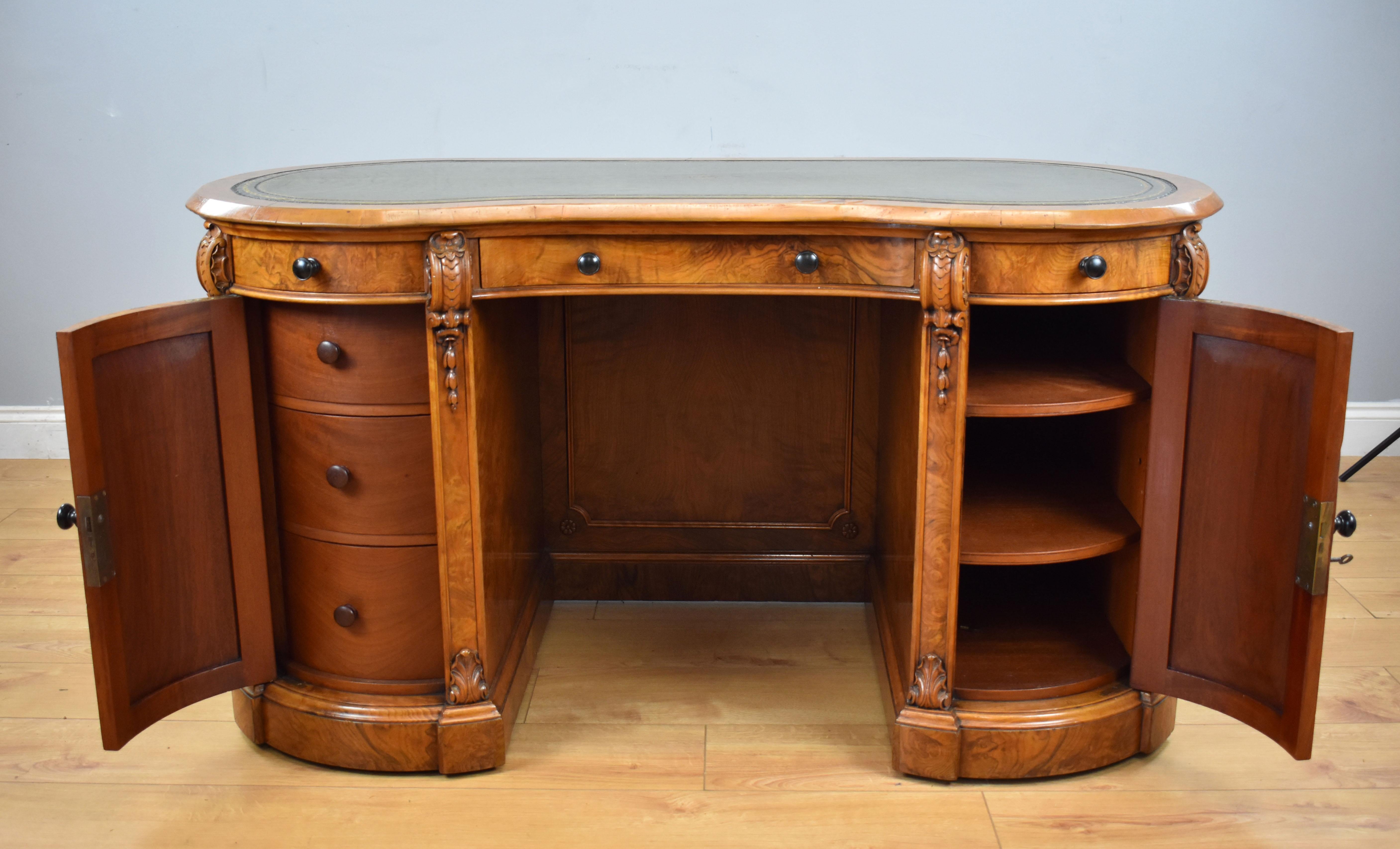 19th Century English Victorian Burr Walnut Kidney Shaped Writing Desk 6