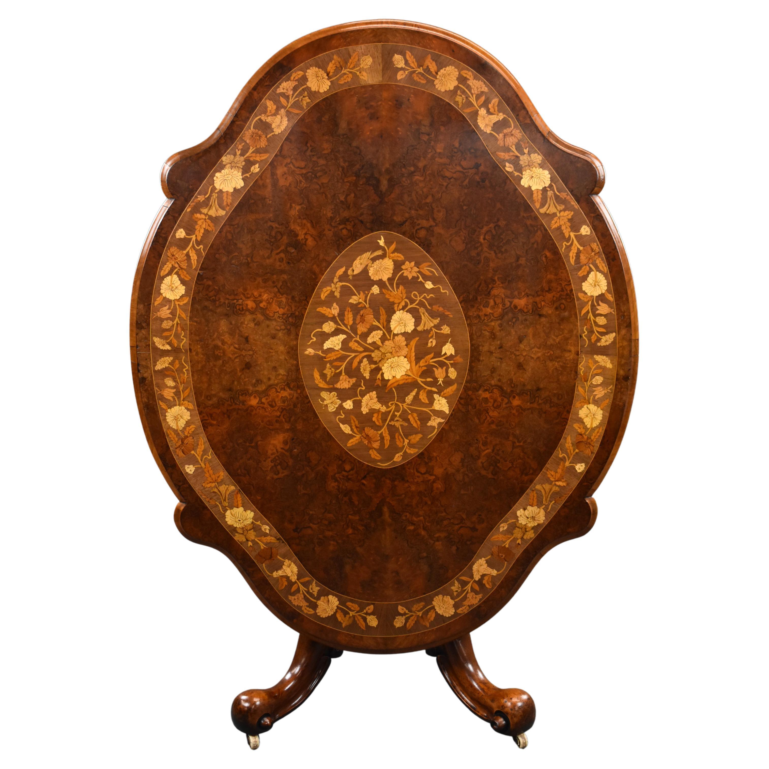 19th Century English Victorian Burr Walnut Marquetry Breakfast Table