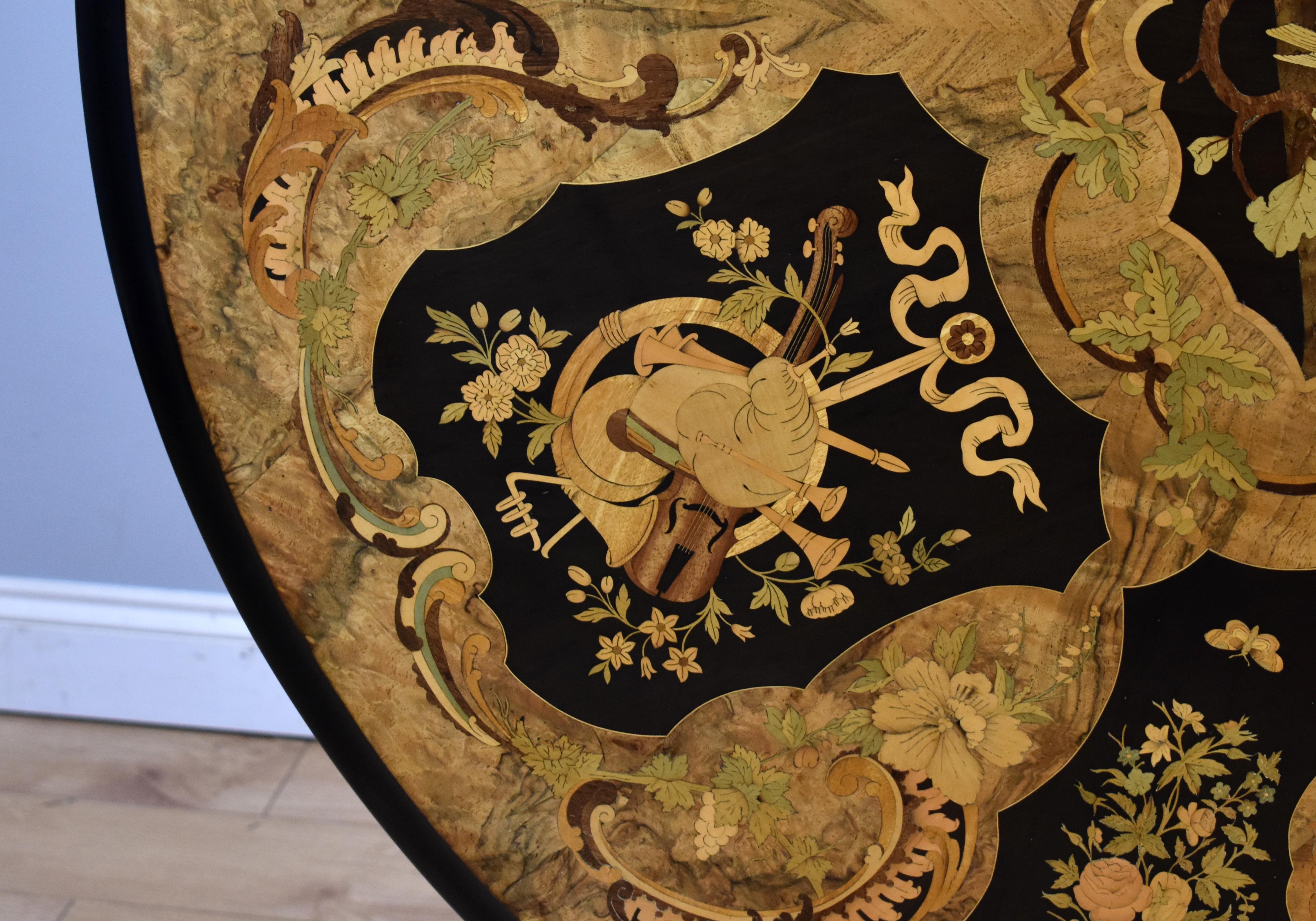 Table à déjeuner circulaire en ronce de noyer et marqueterie, 19e siècle, Angleterre en vente 3