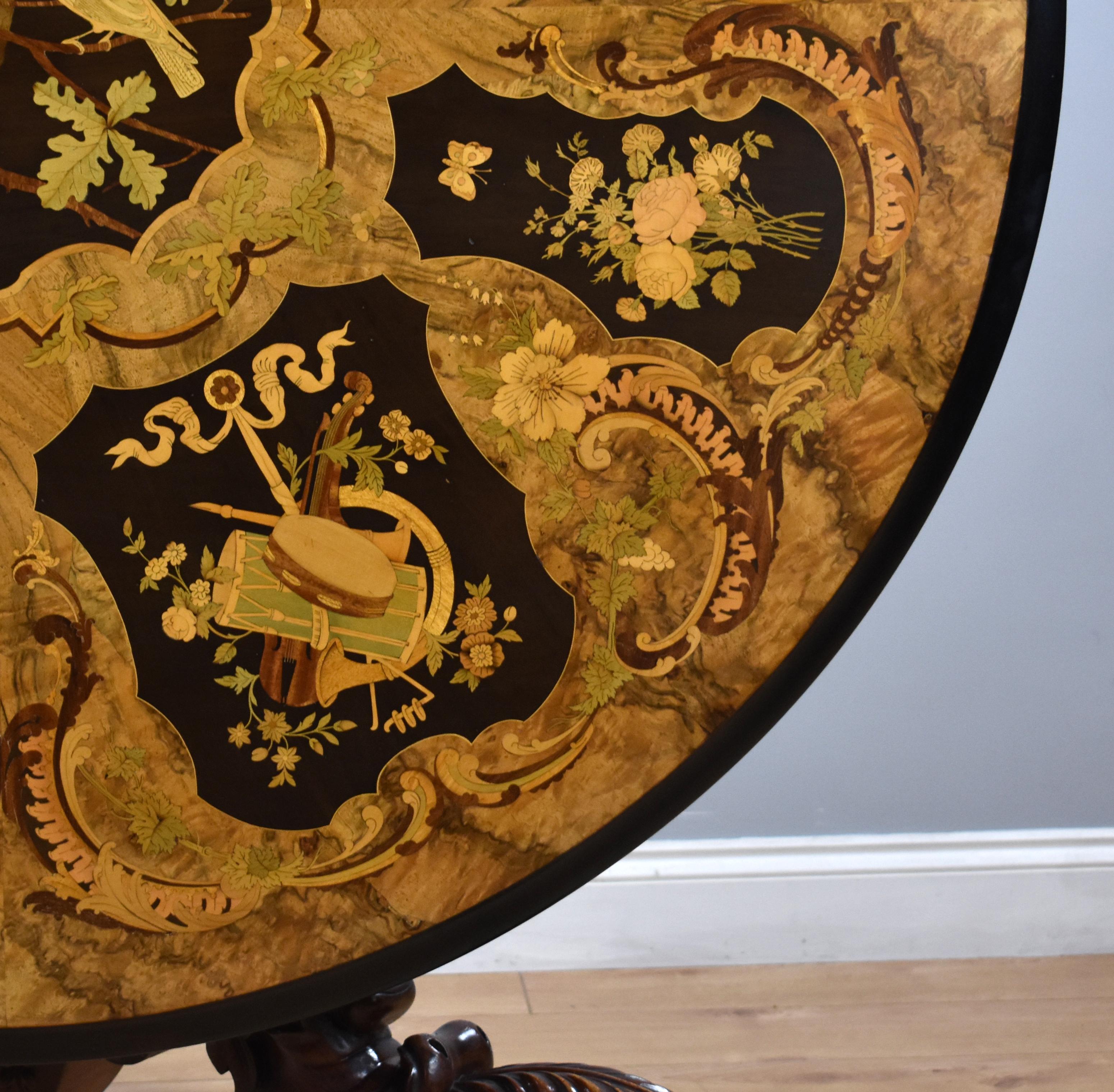 19th Century English Victorian Burr Walnut & Marquetry Circular Breakfast Table For Sale 1