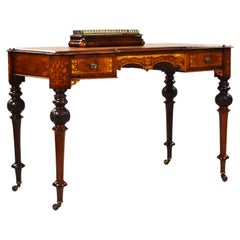 19th Century English Victorian Burr Walnut & Marquetry Writing Table