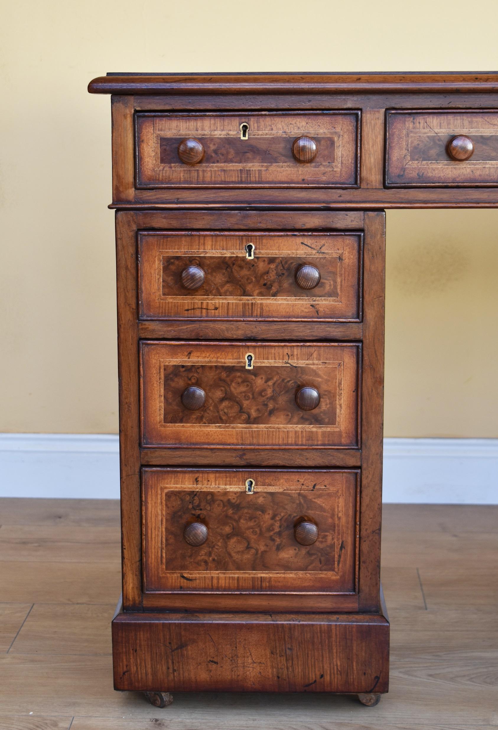 Cross-Banded 19th Century English Victorian Burr Walnut Pedestal Desk For Sale