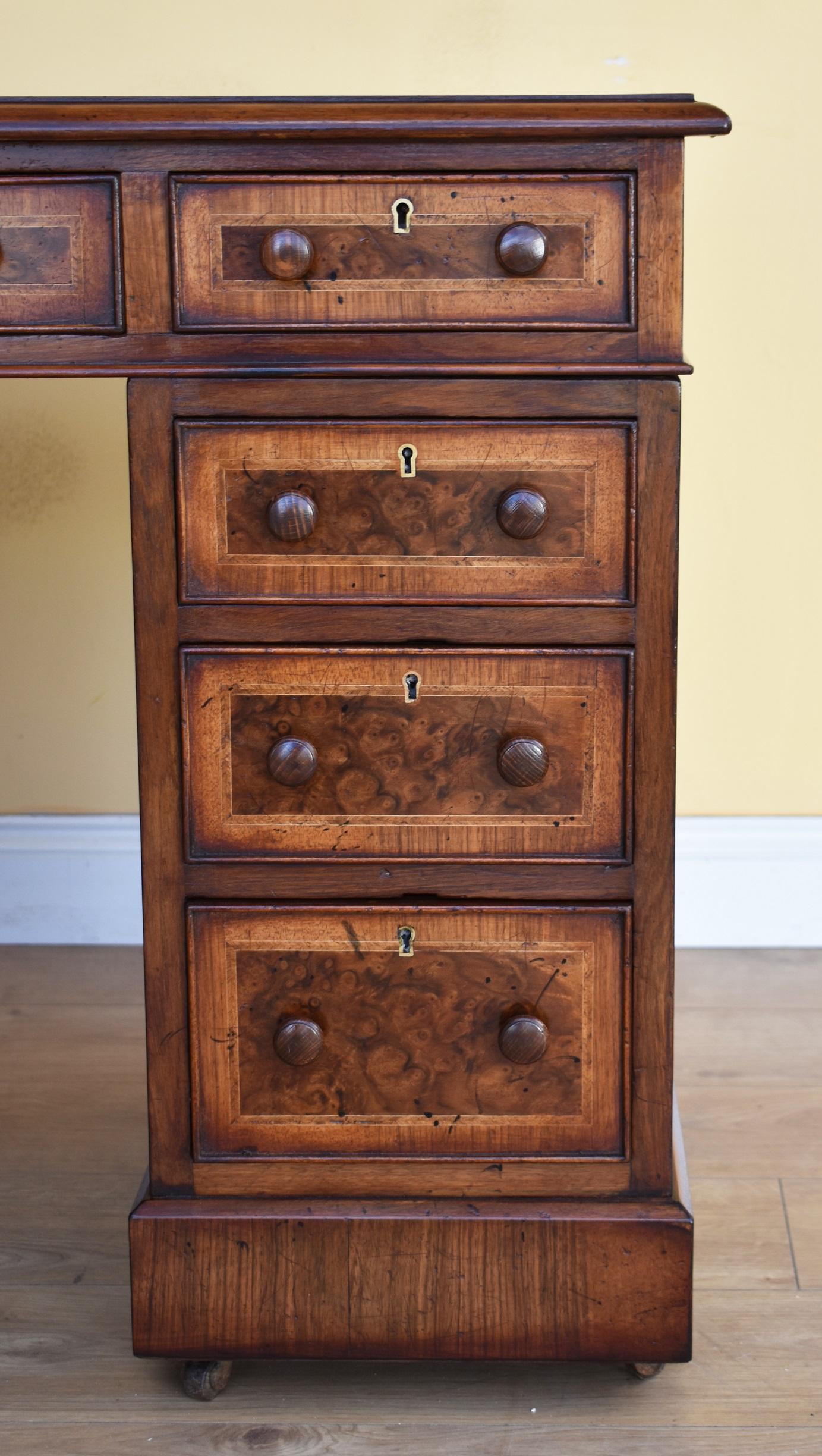 19th Century English Victorian Burr Walnut Pedestal Desk For Sale 1