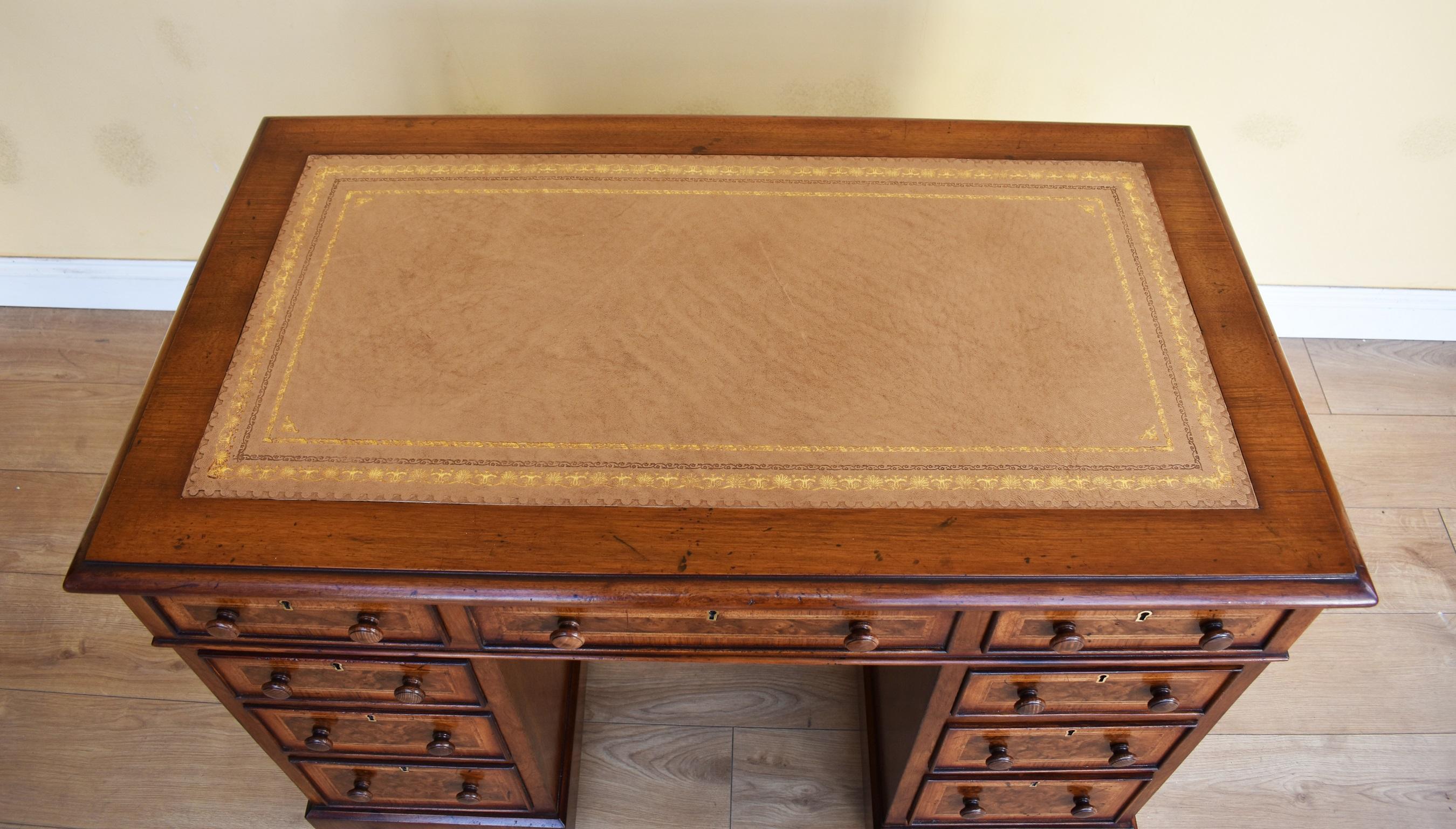 19th Century English Victorian Burr Walnut Pedestal Desk For Sale 2