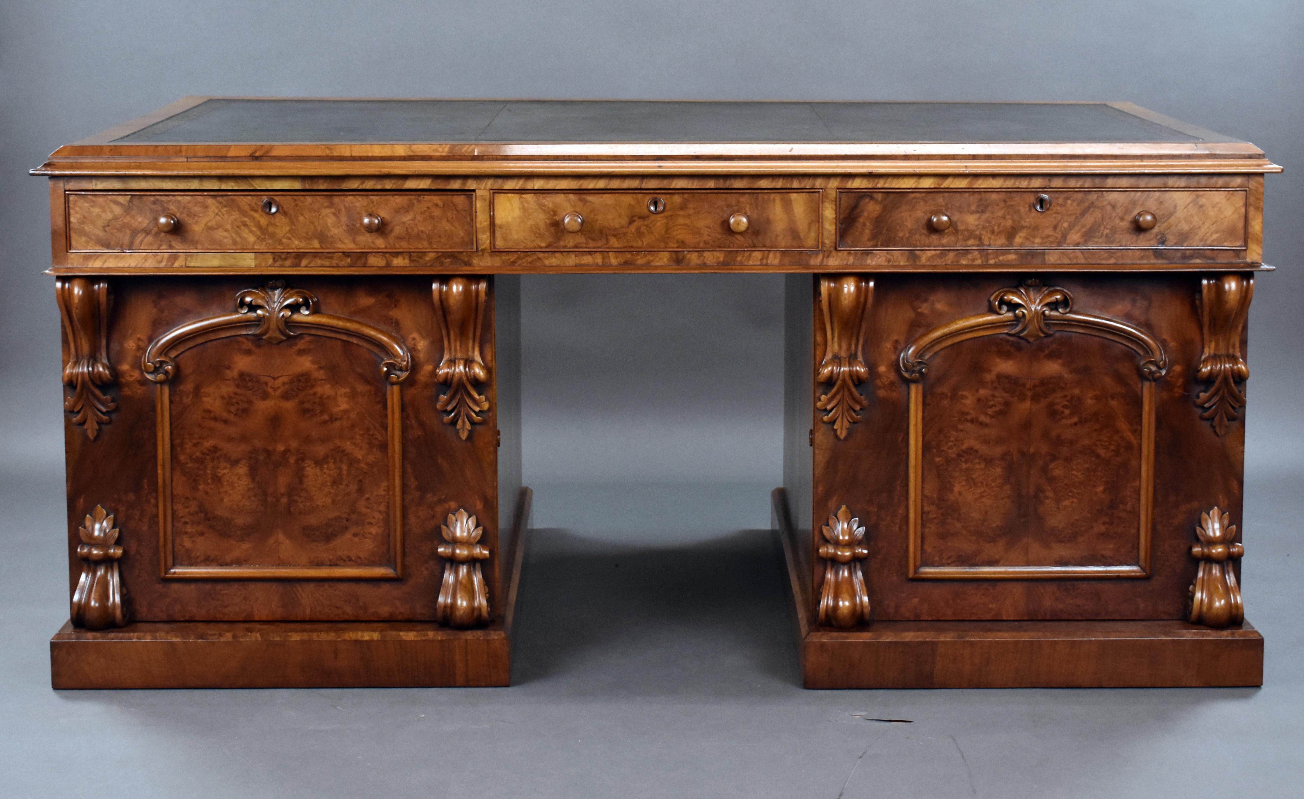 19th Century English Victorian Burr Walnut Pedestal Partners Desk 6