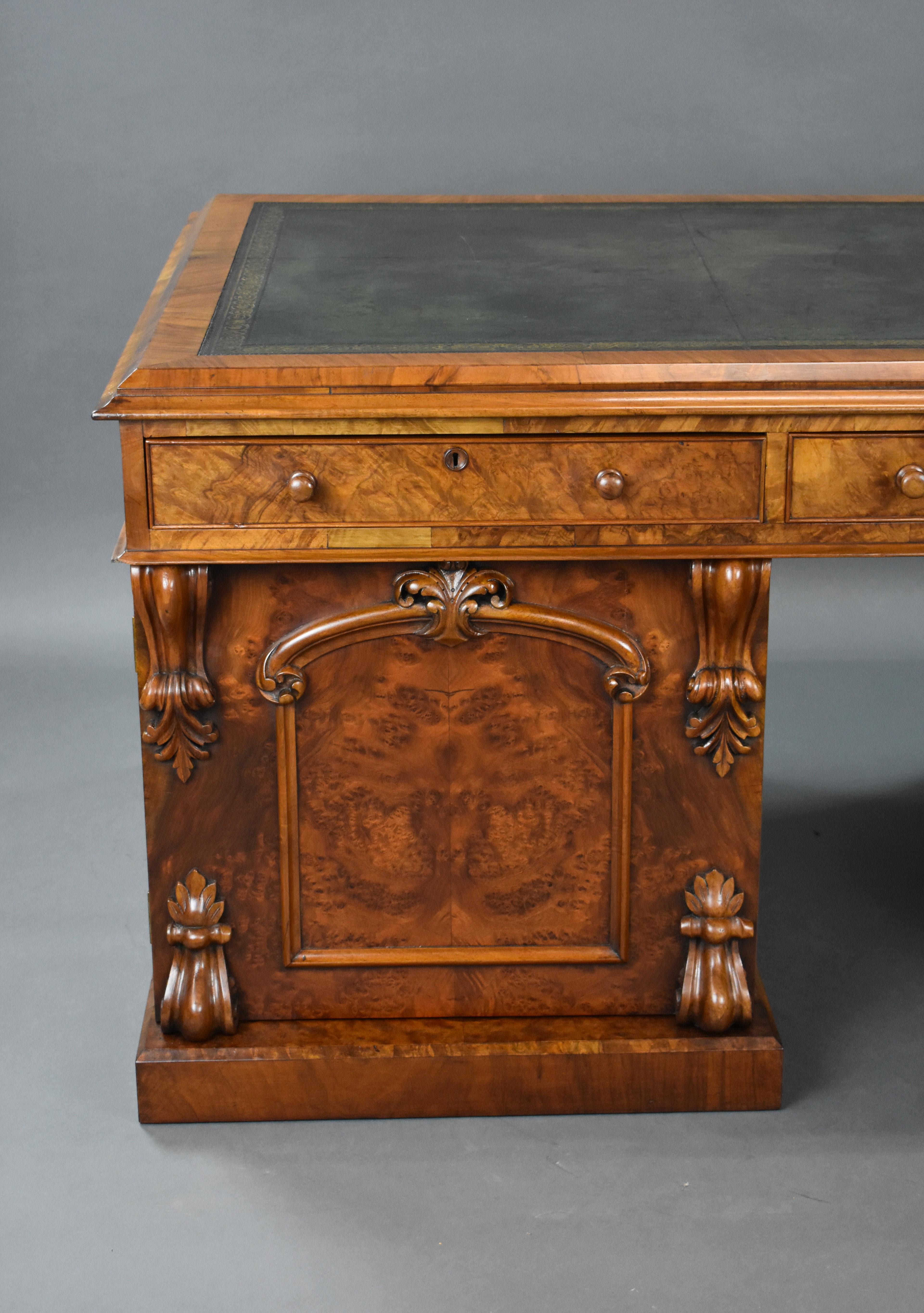 19th Century English Victorian Burr Walnut Pedestal Partners Desk 7