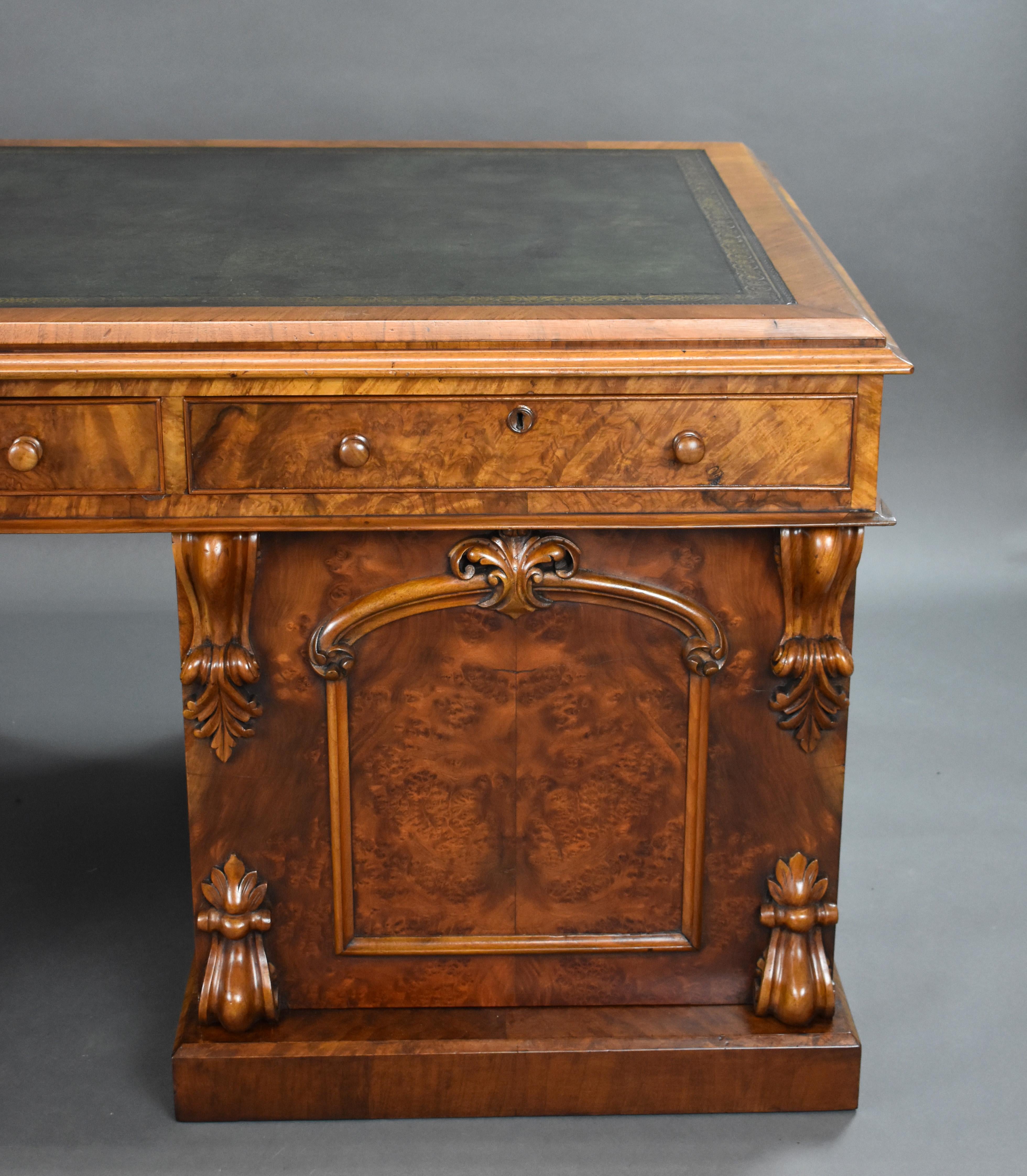 19th Century English Victorian Burr Walnut Pedestal Partners Desk 8
