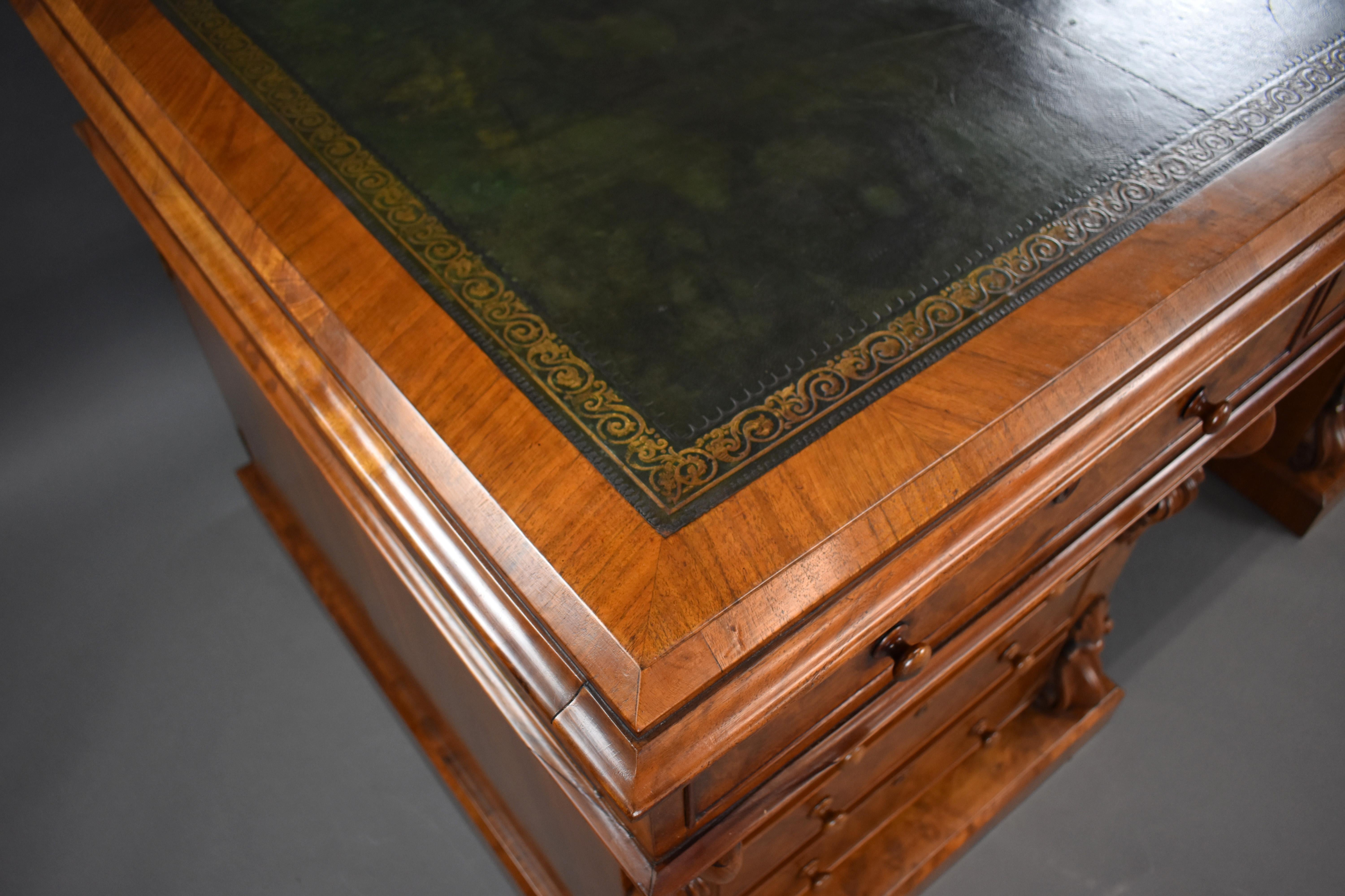 19th Century English Victorian Burr Walnut Pedestal Partners Desk 12