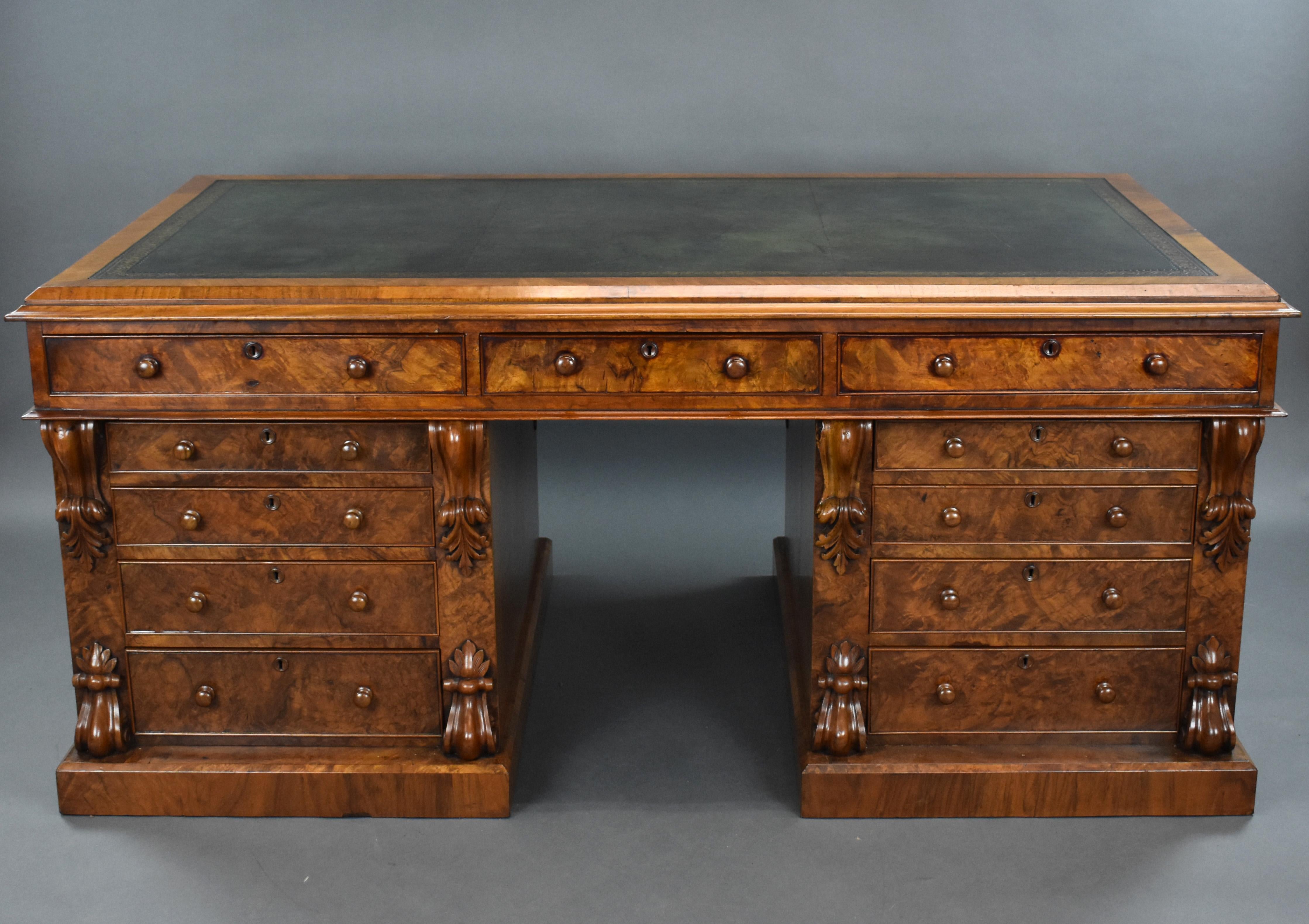 For sale is a good quality Victorian burr walnut partners desk. The top inset with a green leather skiver decorated with tooling, above an arrangement of three drawers to the front, and three drawers on the opposing side. The top fits onto two