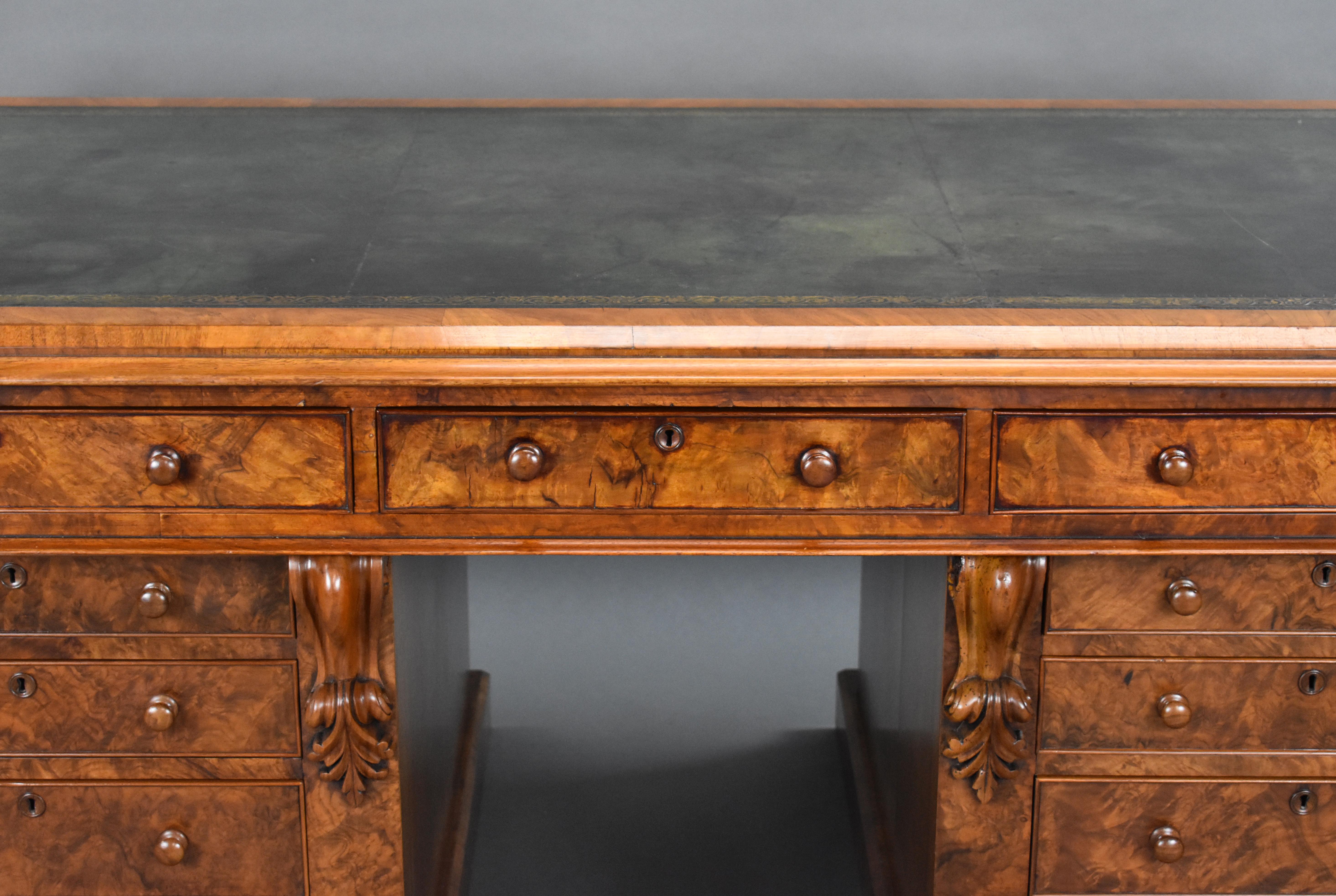 Leather 19th Century English Victorian Burr Walnut Pedestal Partners Desk