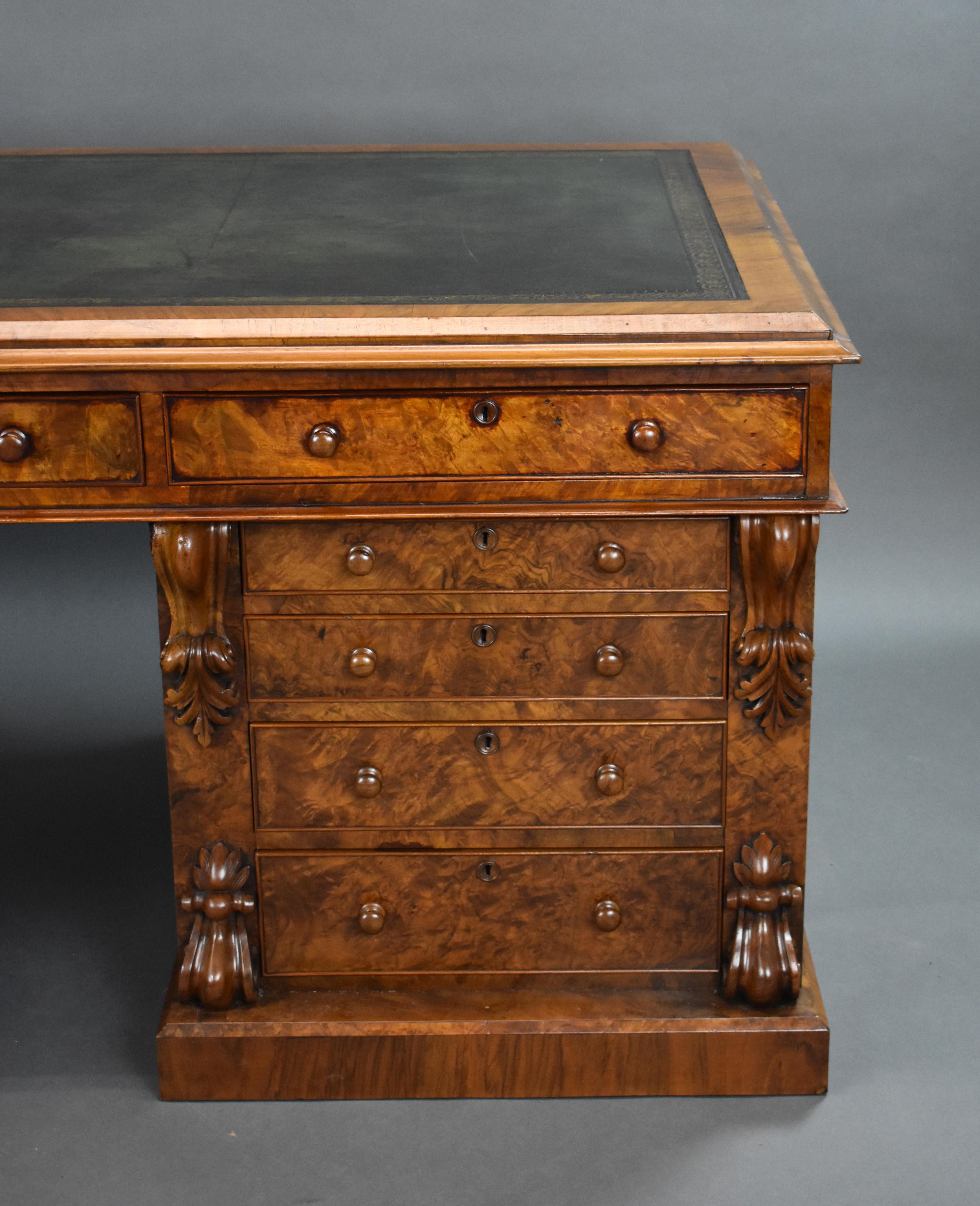19th Century English Victorian Burr Walnut Pedestal Partners Desk 1