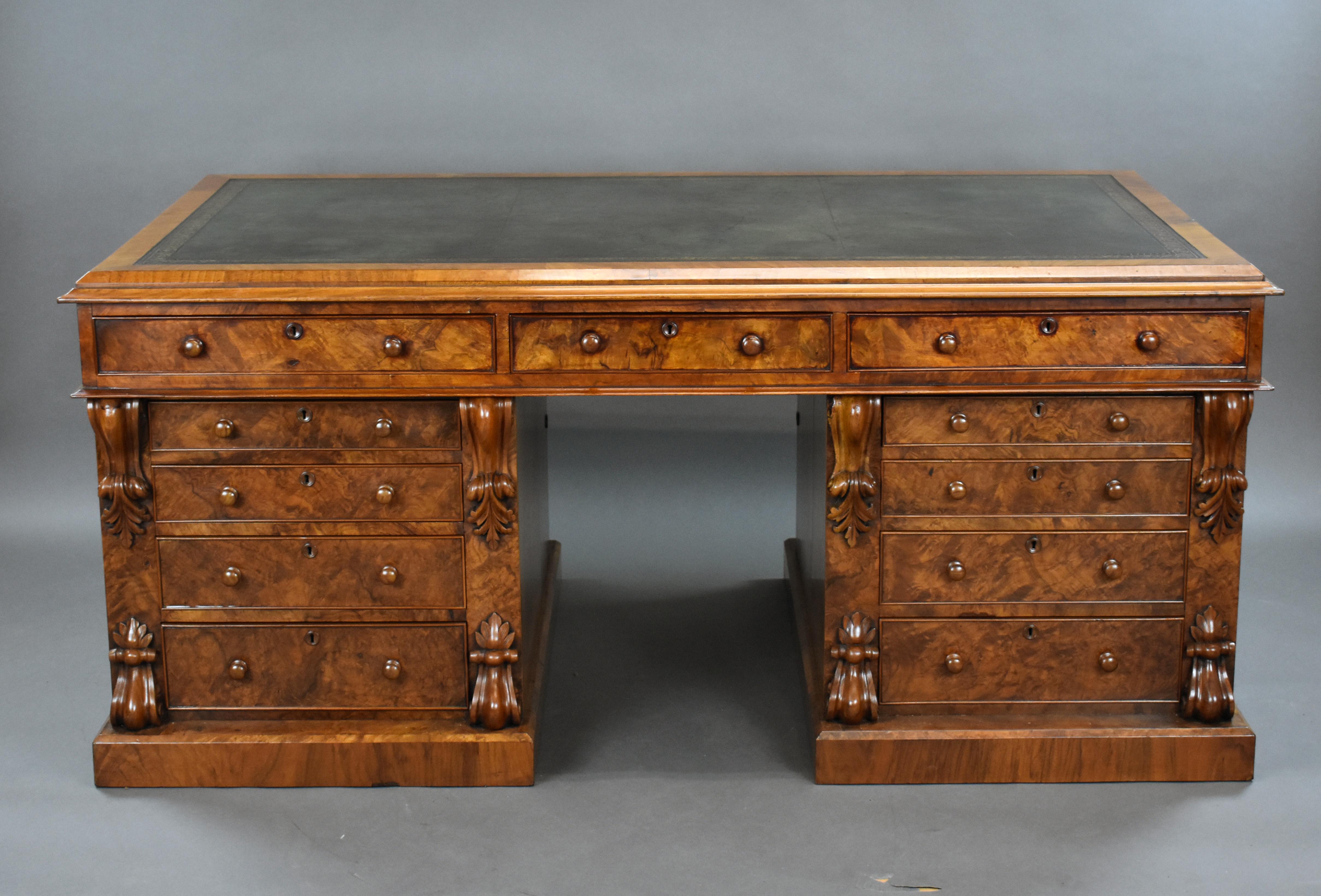 19th Century English Victorian Burr Walnut Pedestal Partners Desk 2
