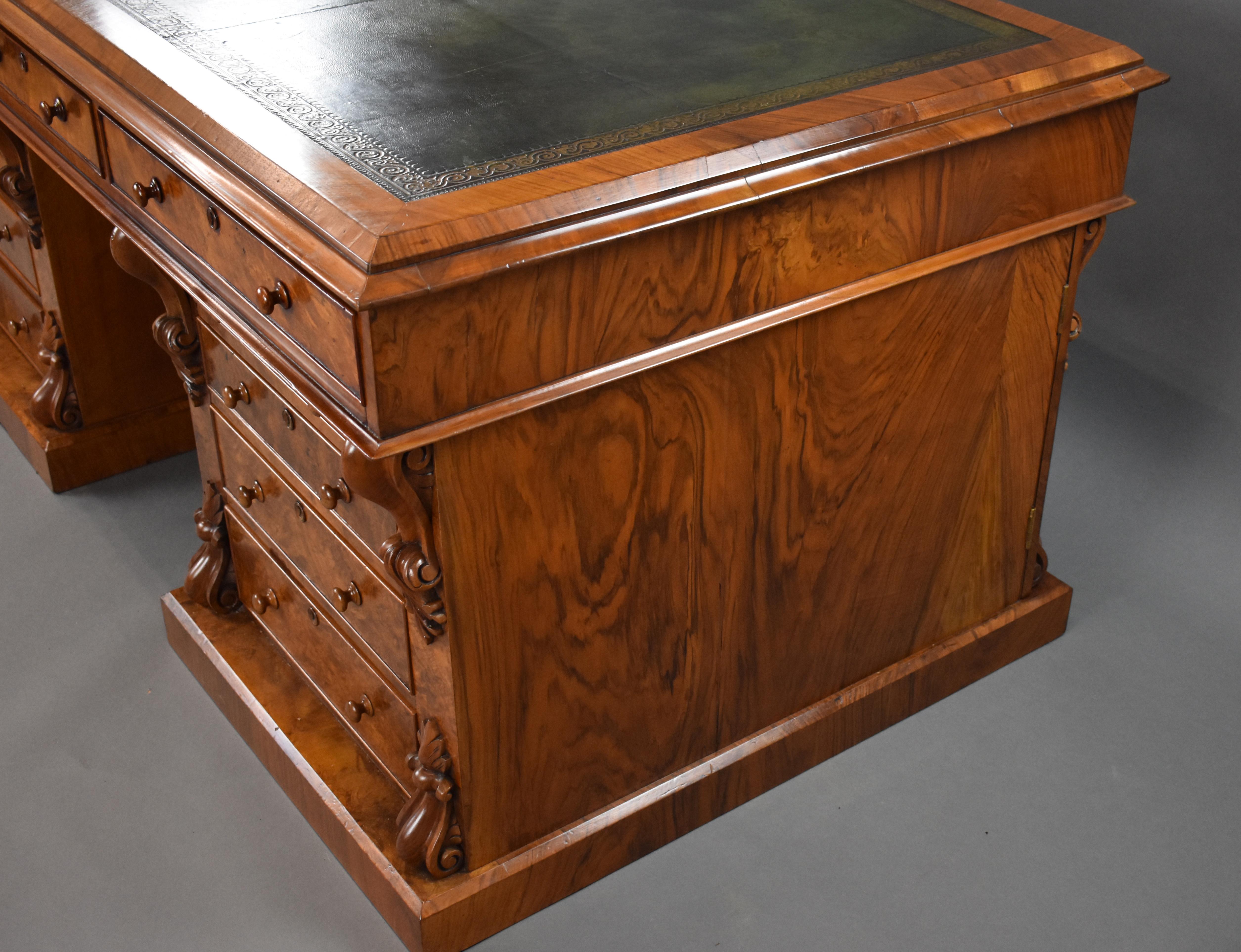 19th Century English Victorian Burr Walnut Pedestal Partners Desk 3