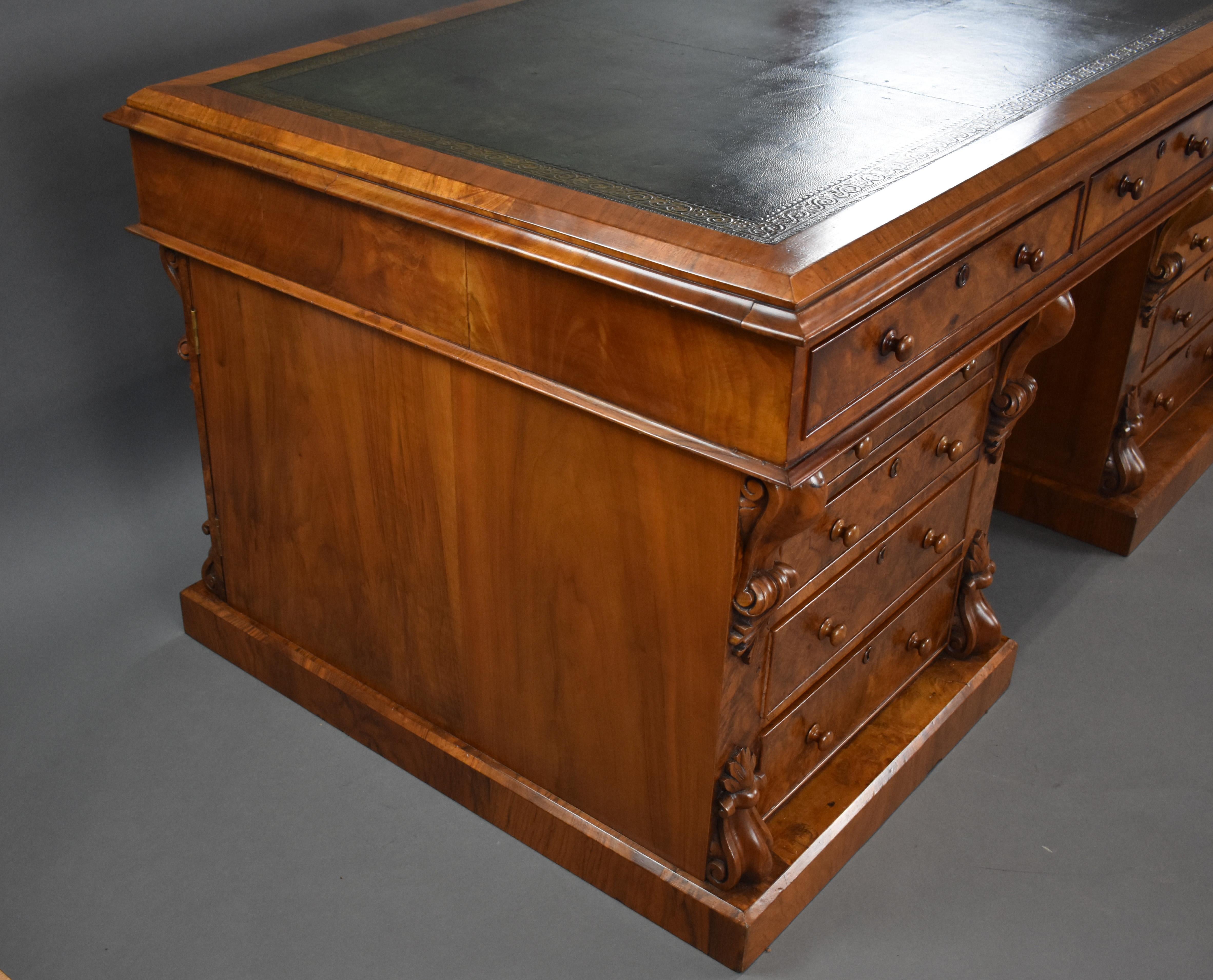 19th Century English Victorian Burr Walnut Pedestal Partners Desk 4