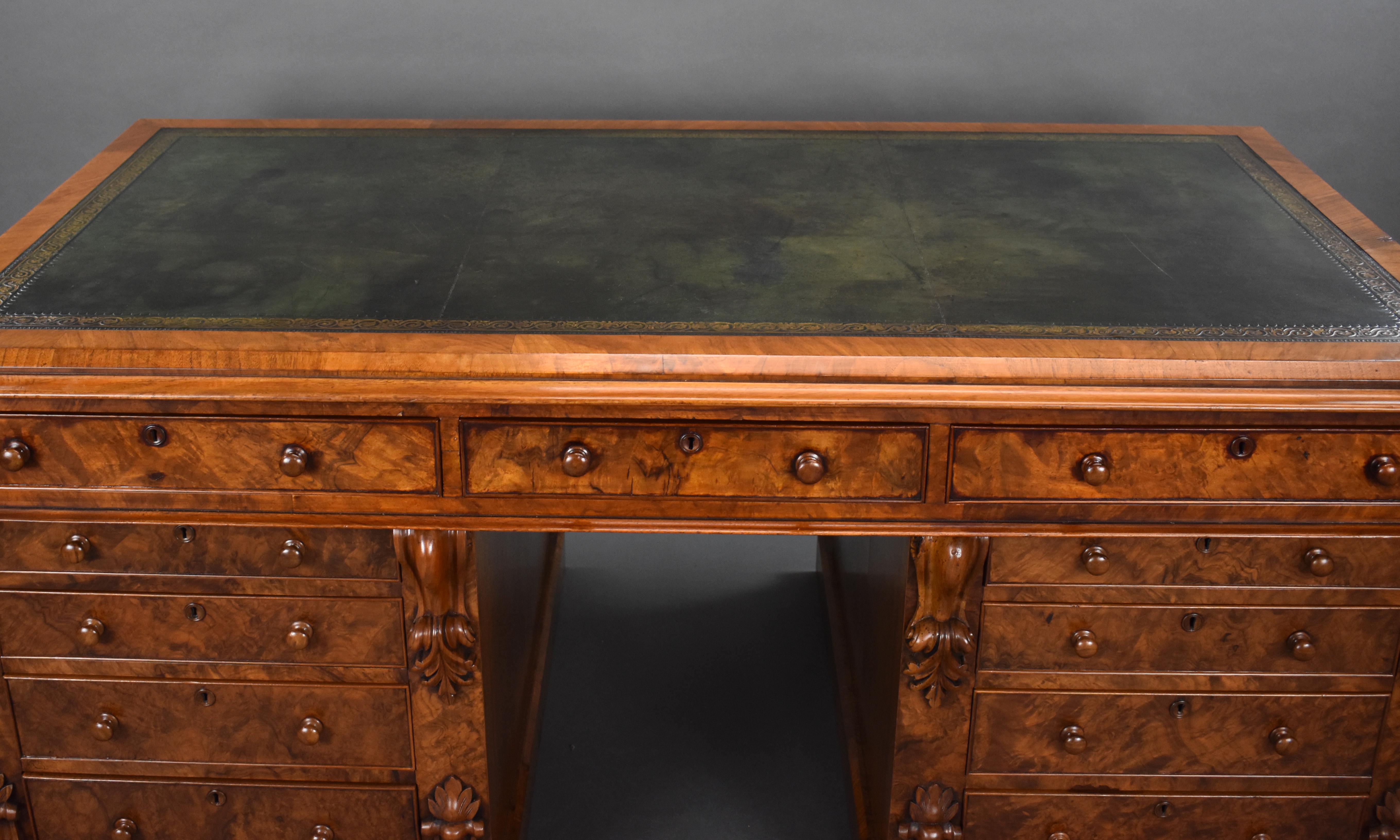 19th Century English Victorian Burr Walnut Pedestal Partners Desk 5