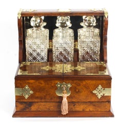 19th Century English Victorian Burr Walnut Three Decanter Tantalus