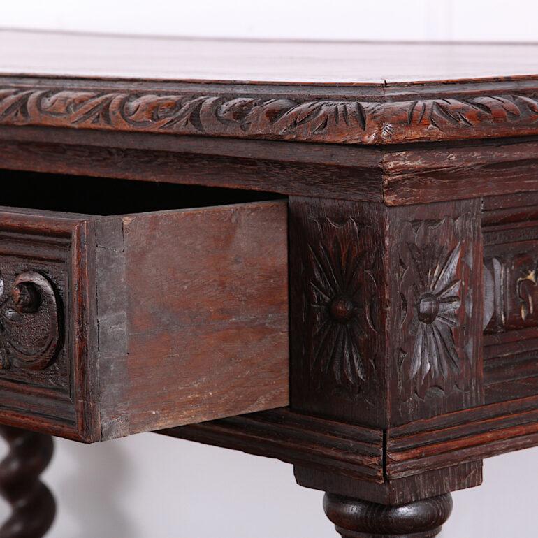 19th Century English Victorian Carved Oak Barley Twist Writing Table Desk 1