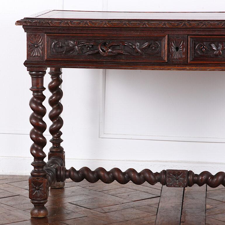 19th Century English Victorian Carved Oak Barley Twist Writing Table Desk 2