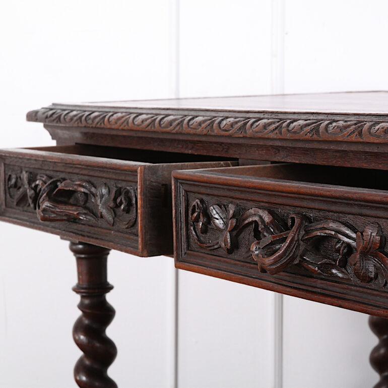 19th Century English Victorian Carved Oak Barley Twist Writing Table Desk 3