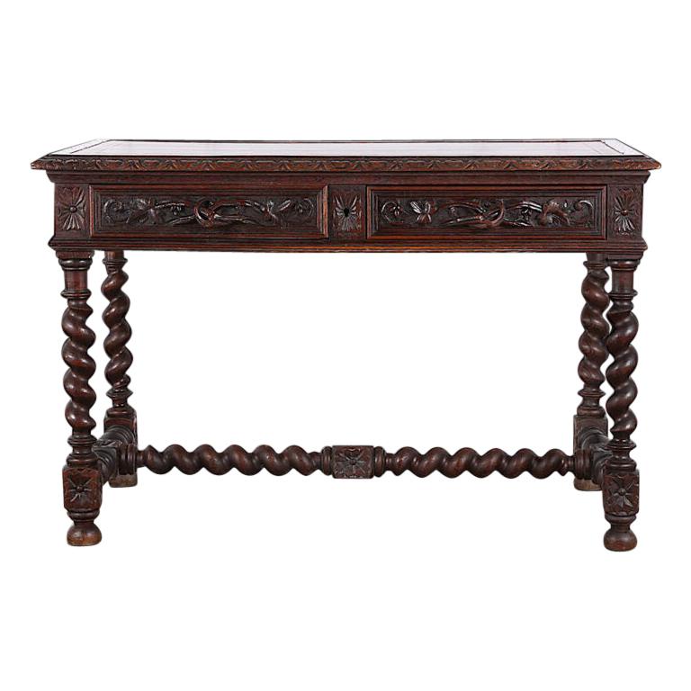 19th Century English Victorian Carved Oak Barley Twist Writing Table Desk