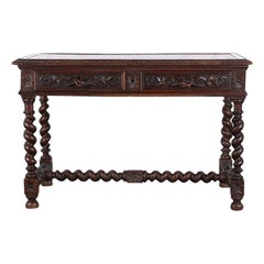 Antique 19th Century English Victorian Carved Oak Barley Twist Writing Table Desk