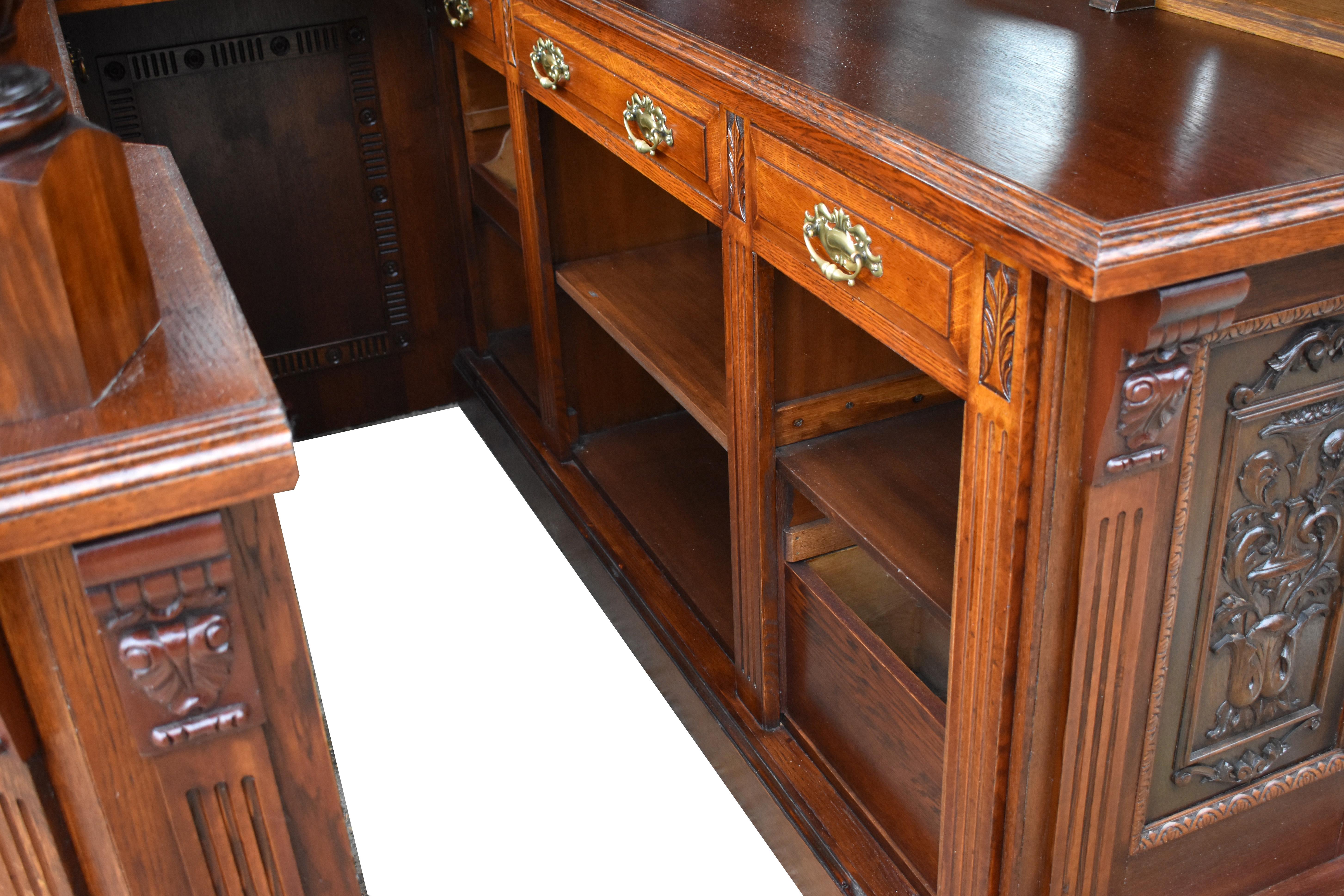 19th Century English Victorian Carved Oak Canted Corner Home Bar 1