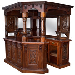 19th Century English Victorian Carved Oak Canted Corner Home Bar