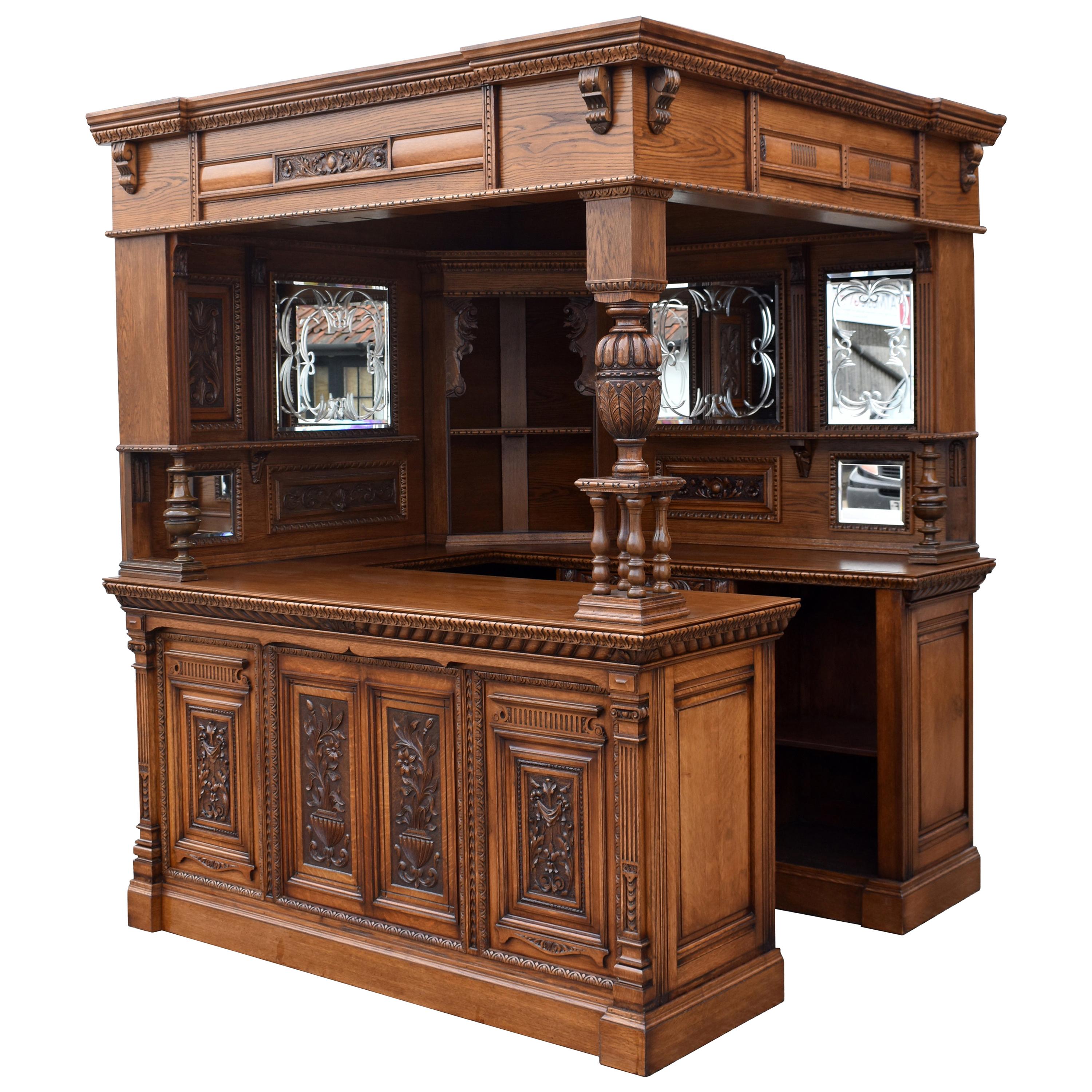 19th Century English Victorian Carved Oak Corner Bar