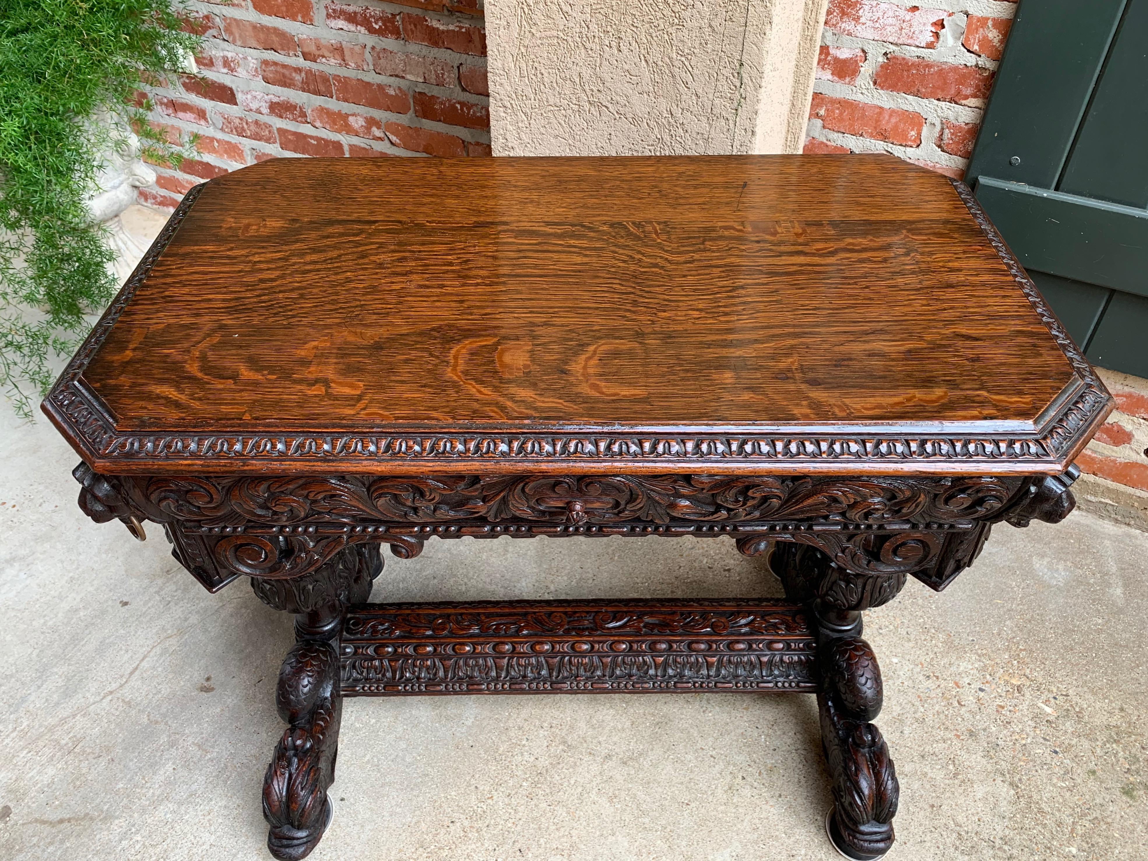 19th century English Victorian Carved Oak Library Table Desk Renaissance Gothic 5