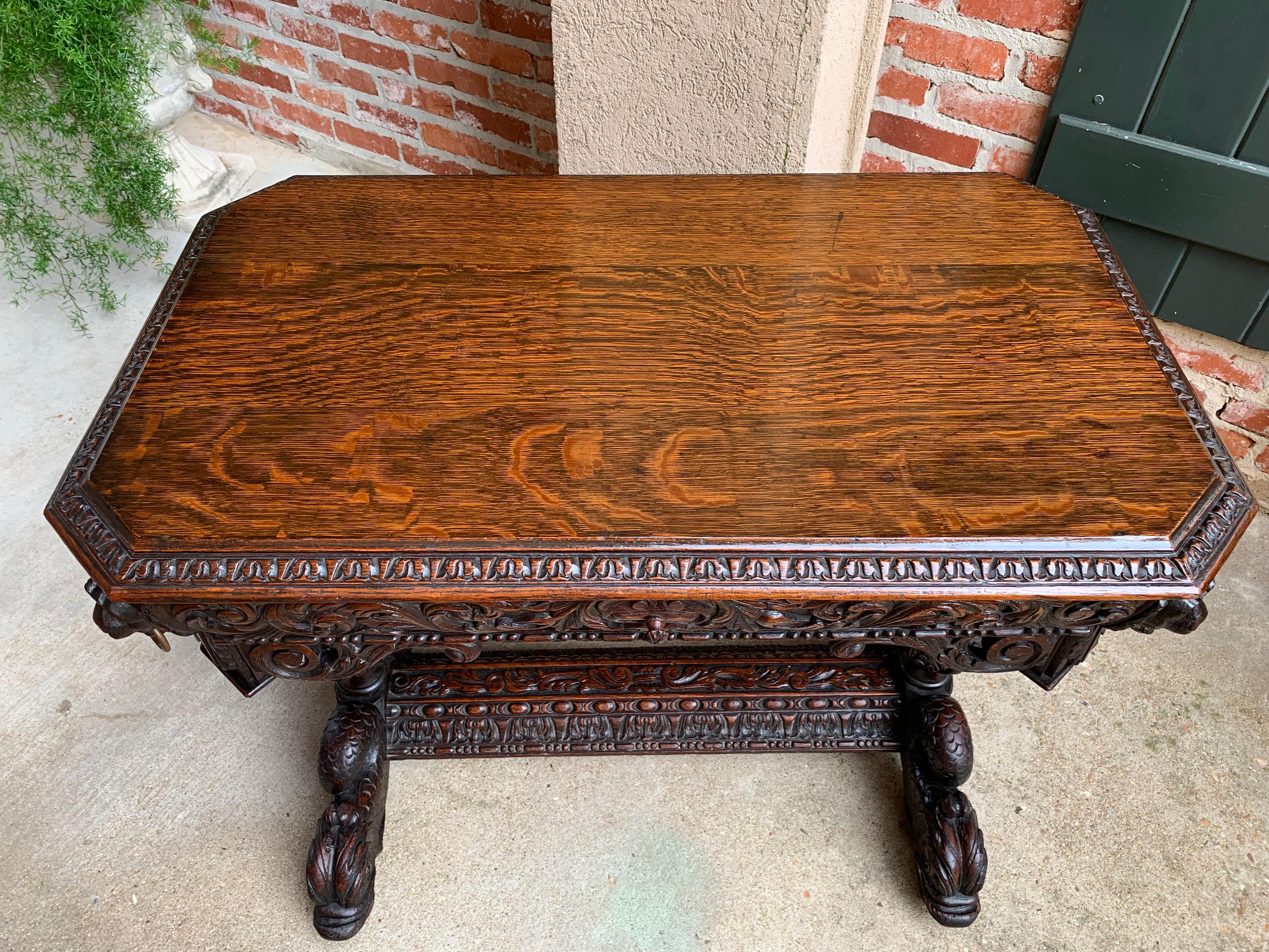 19th century English Victorian Carved Oak Library Table Desk Renaissance Gothic 10