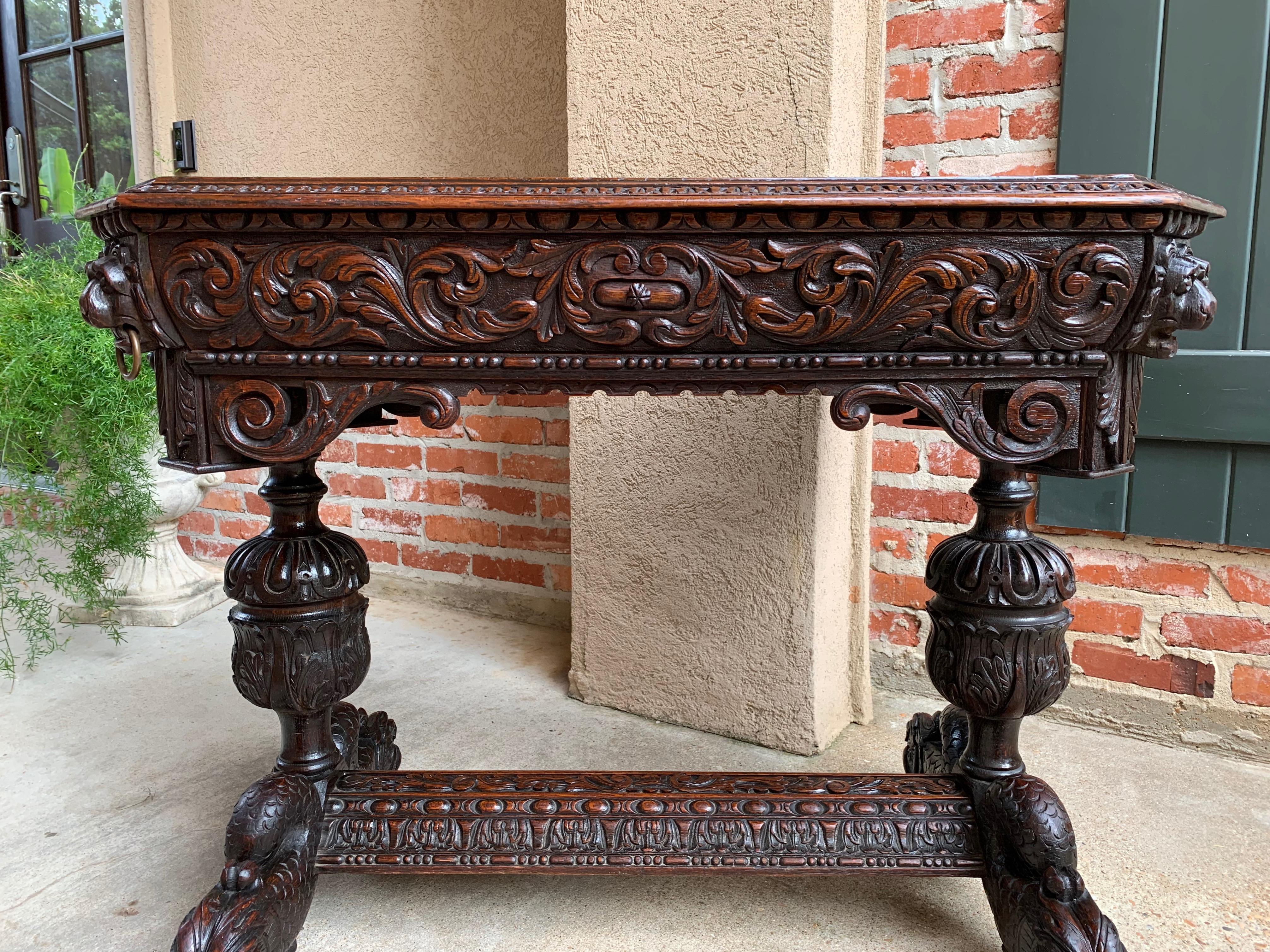 Hand-Carved 19th century English Victorian Carved Oak Library Table Desk Renaissance Gothic