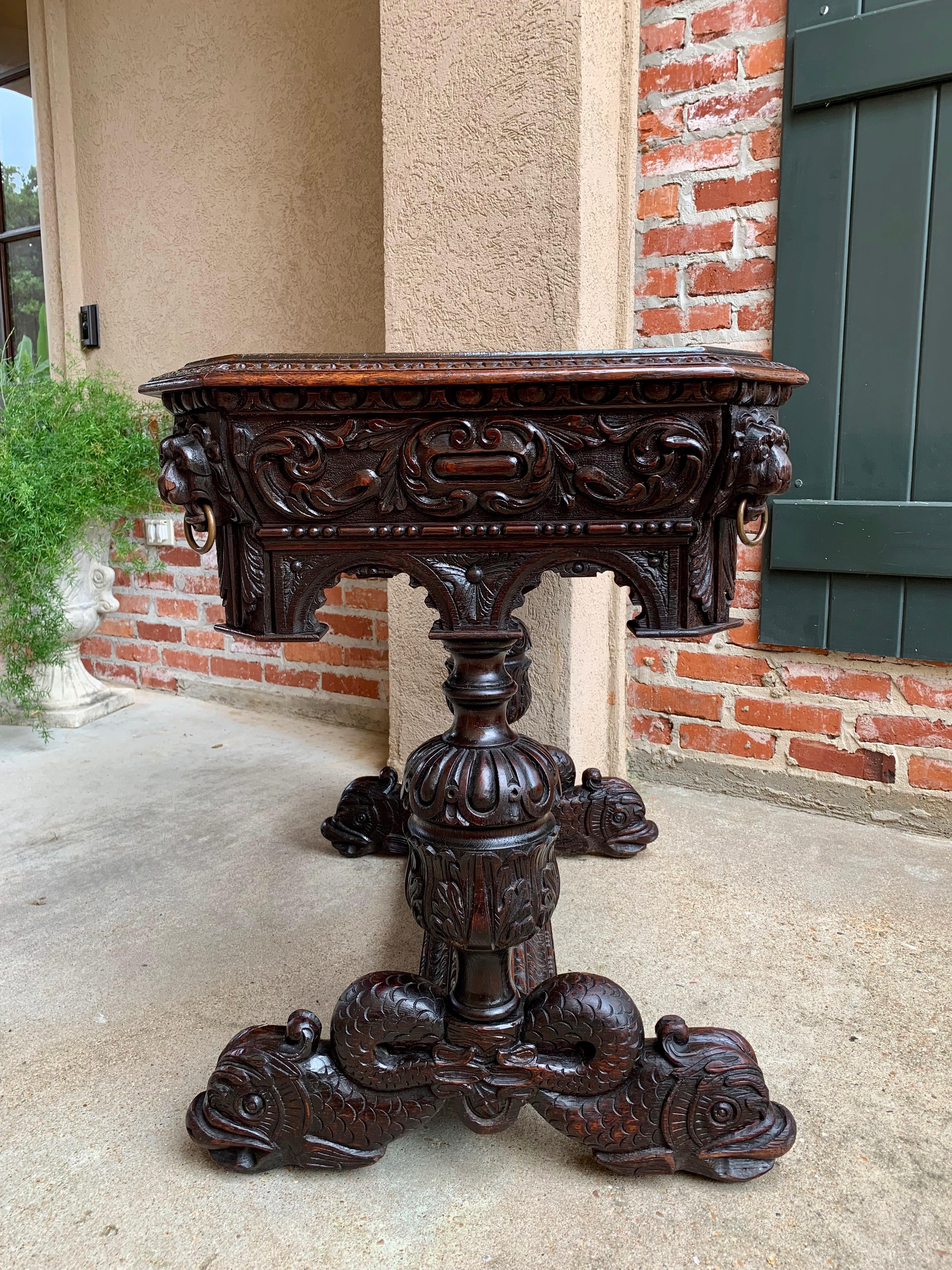 19th century English Victorian Carved Oak Library Table Desk Renaissance Gothic 1