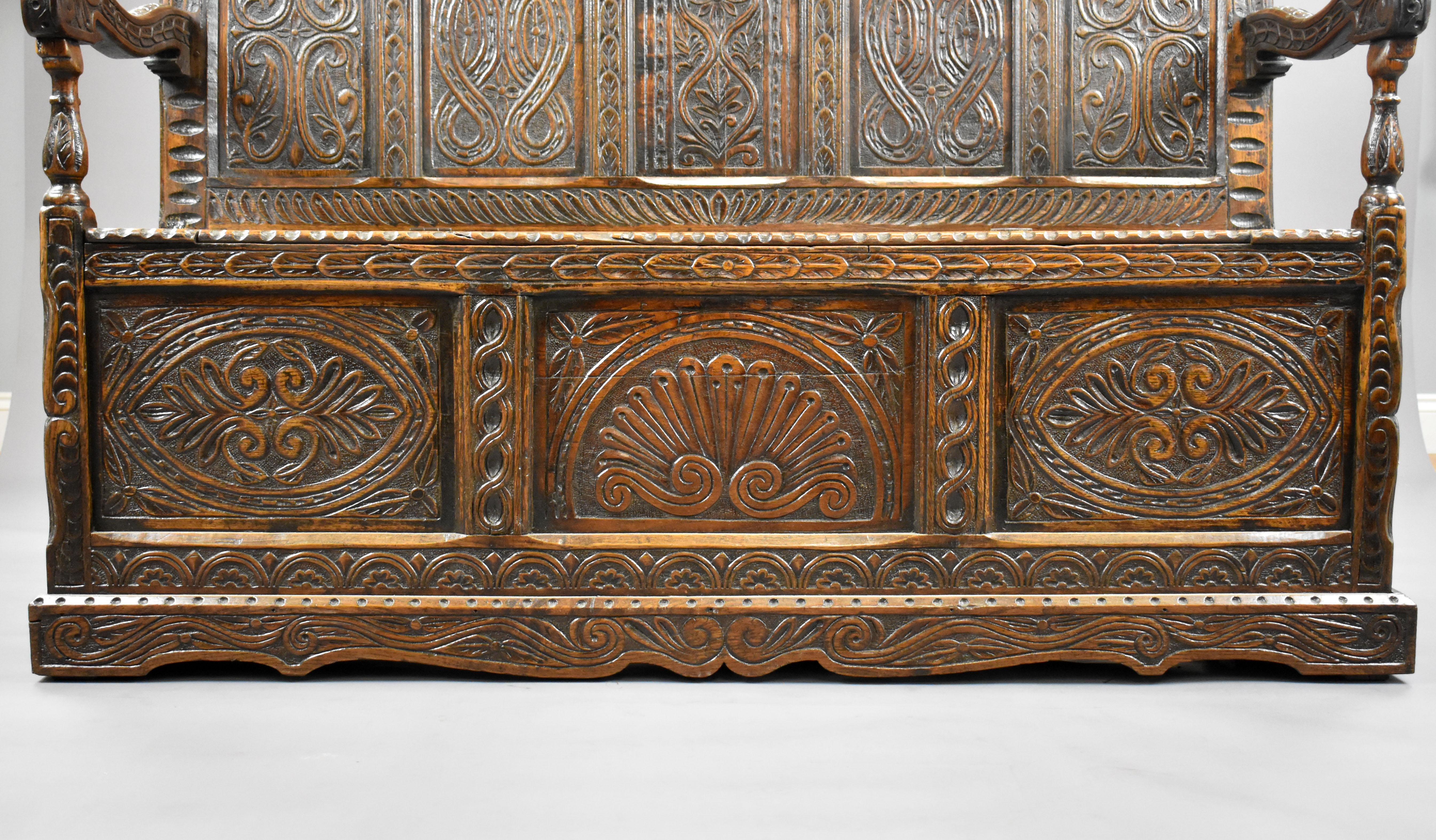 19th Century English Victorian Carved Oak Settle 7