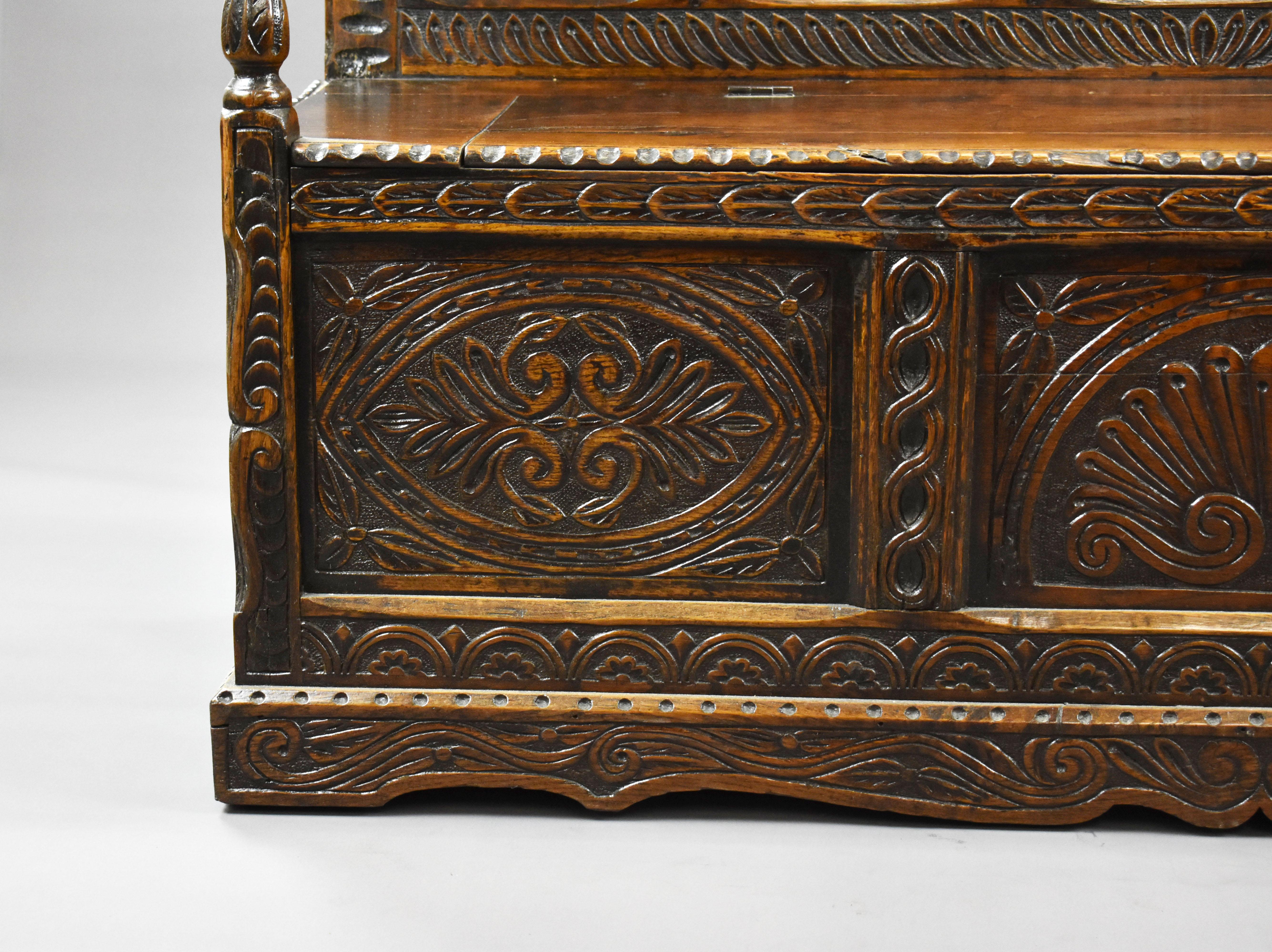 19th Century English Victorian Carved Oak Settle 8