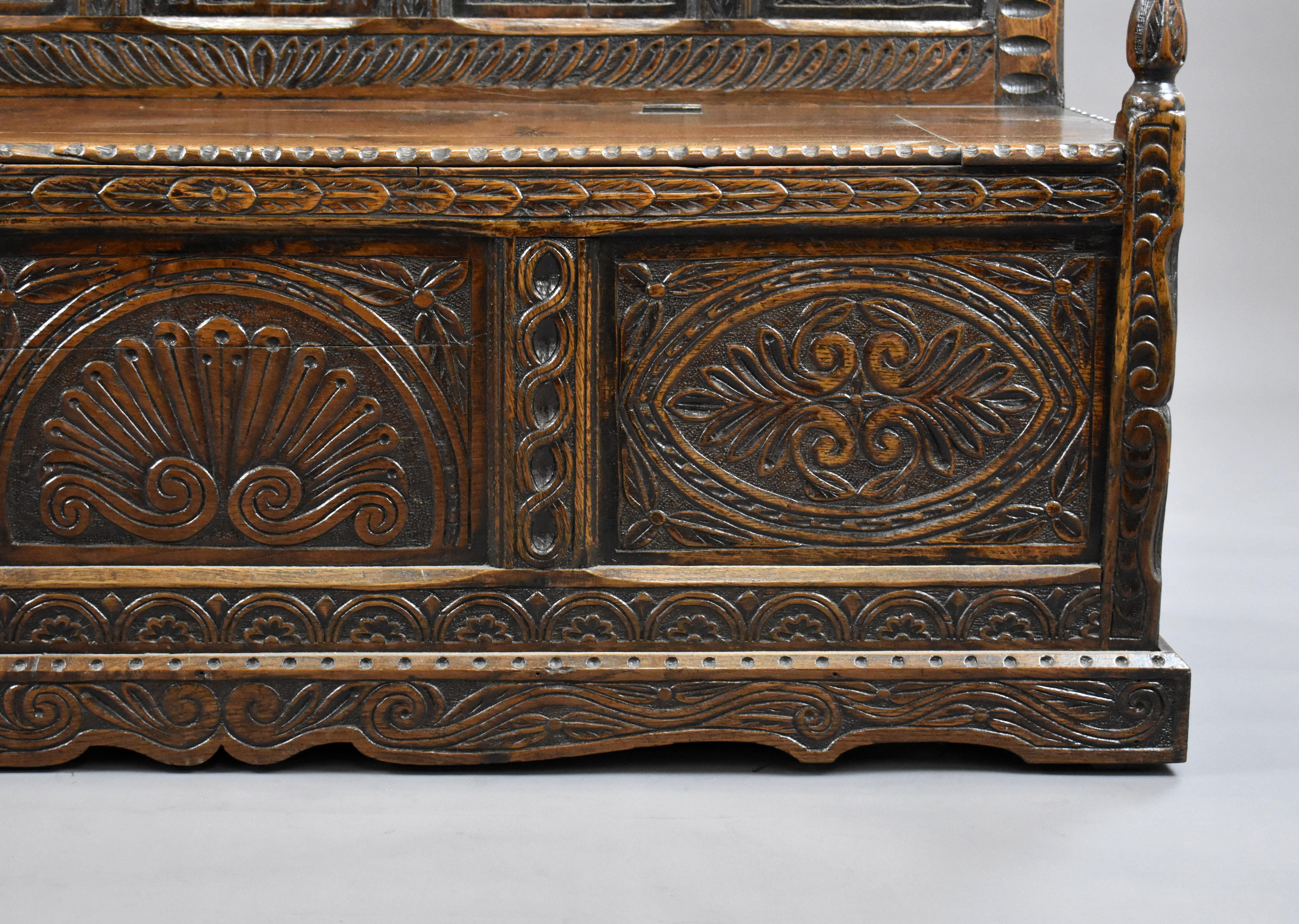 19th Century English Victorian Carved Oak Settle 10