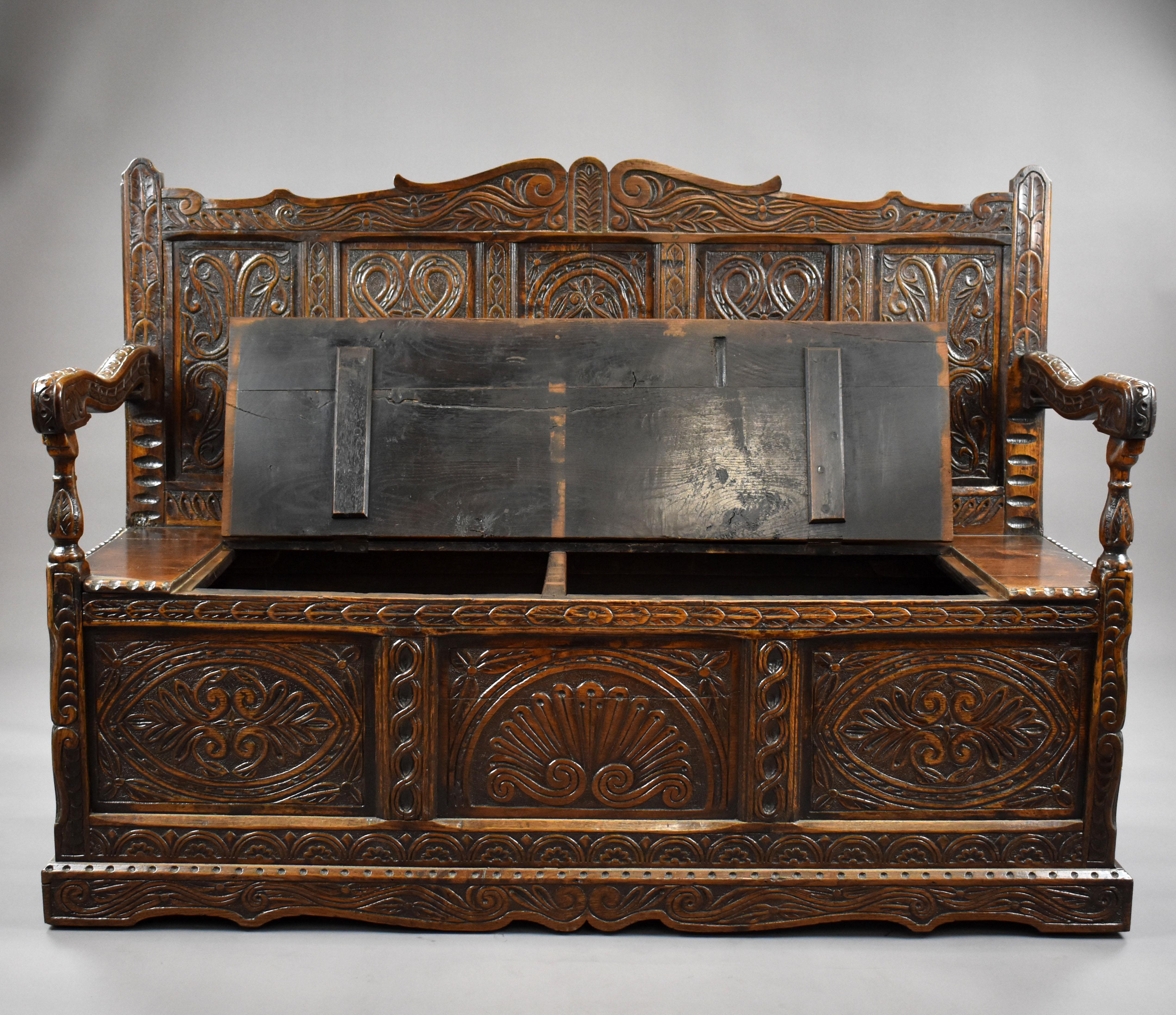 19th Century English Victorian Carved Oak Settle 2