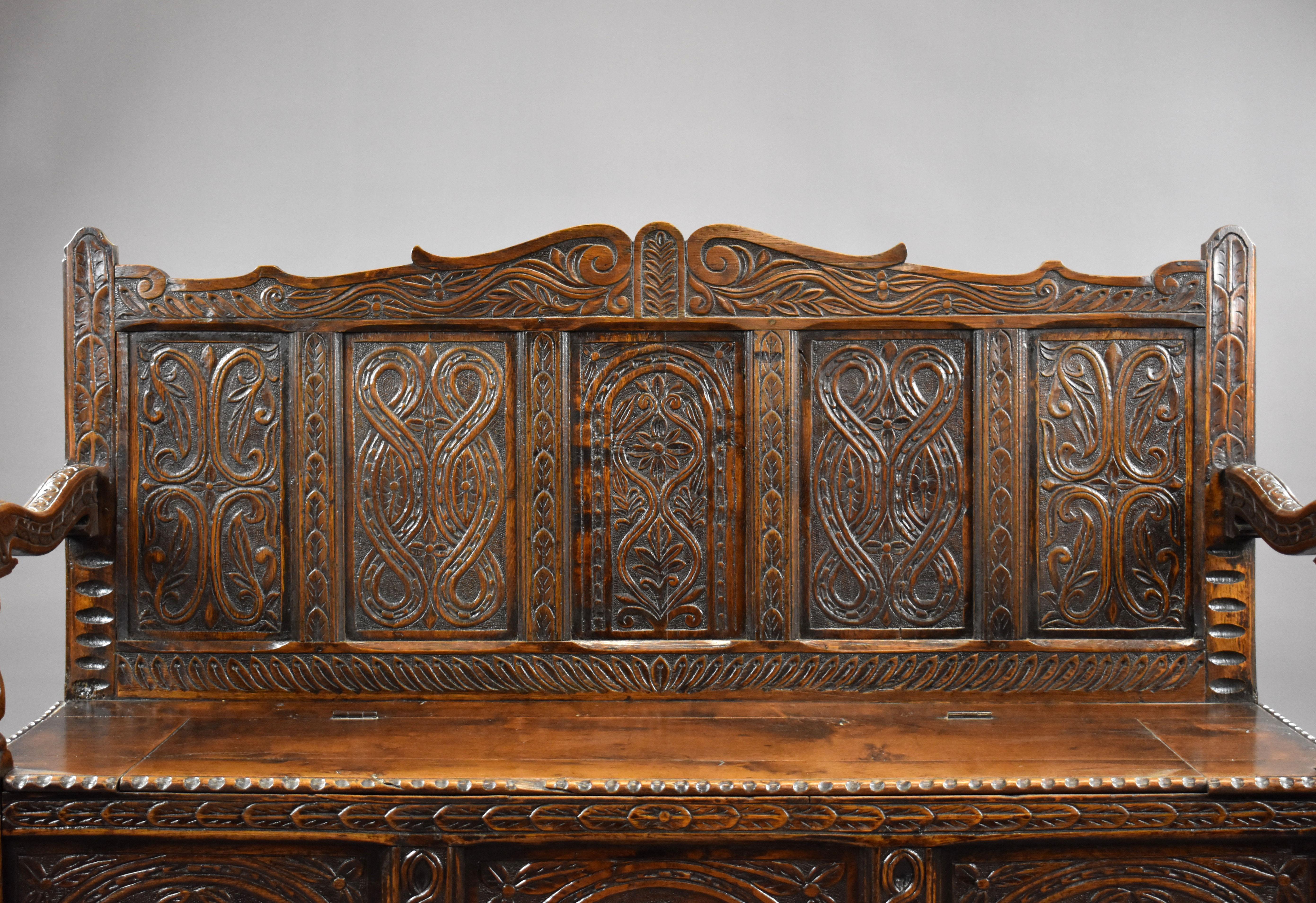 19th Century English Victorian Carved Oak Settle 3