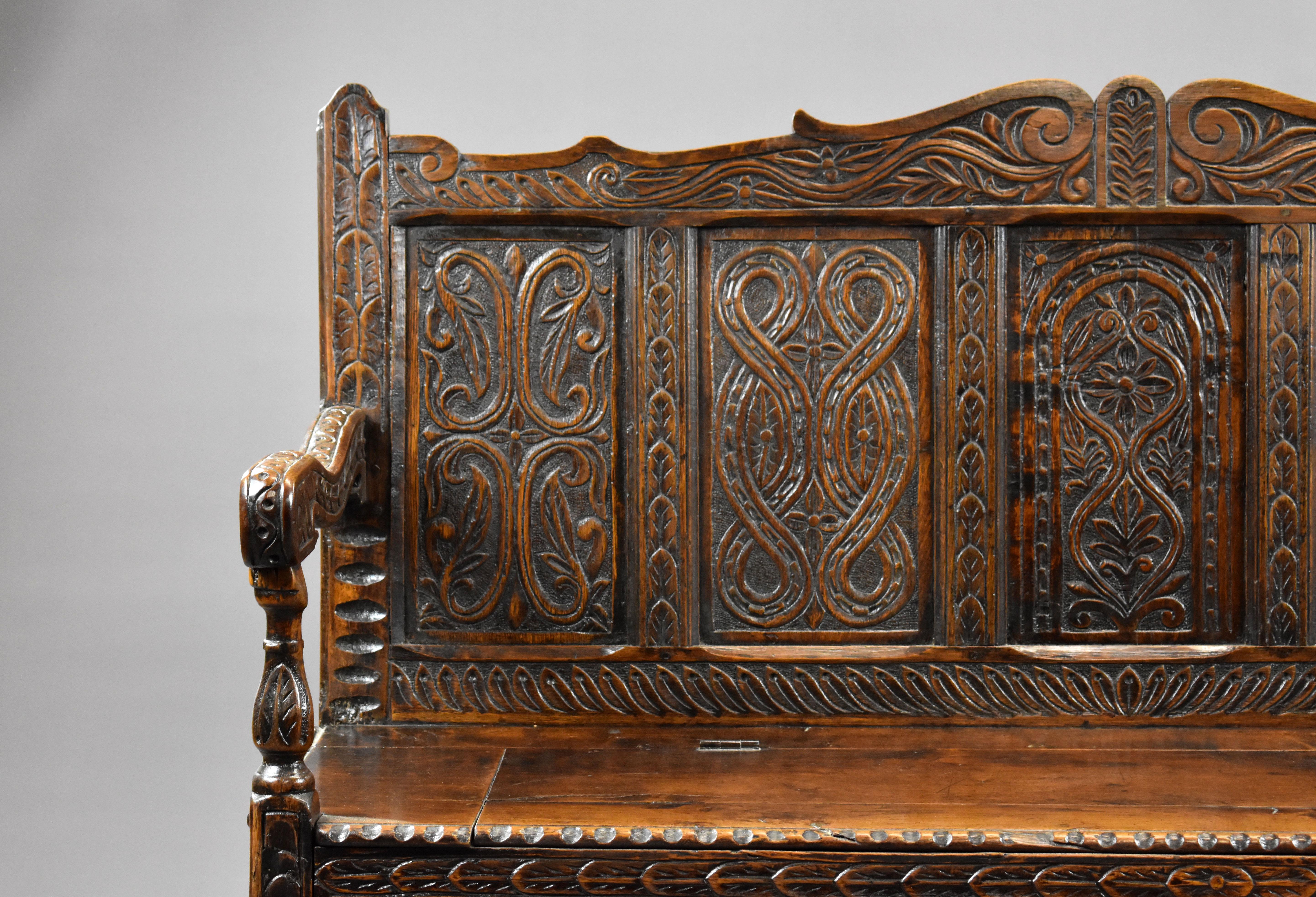 19th Century English Victorian Carved Oak Settle 4