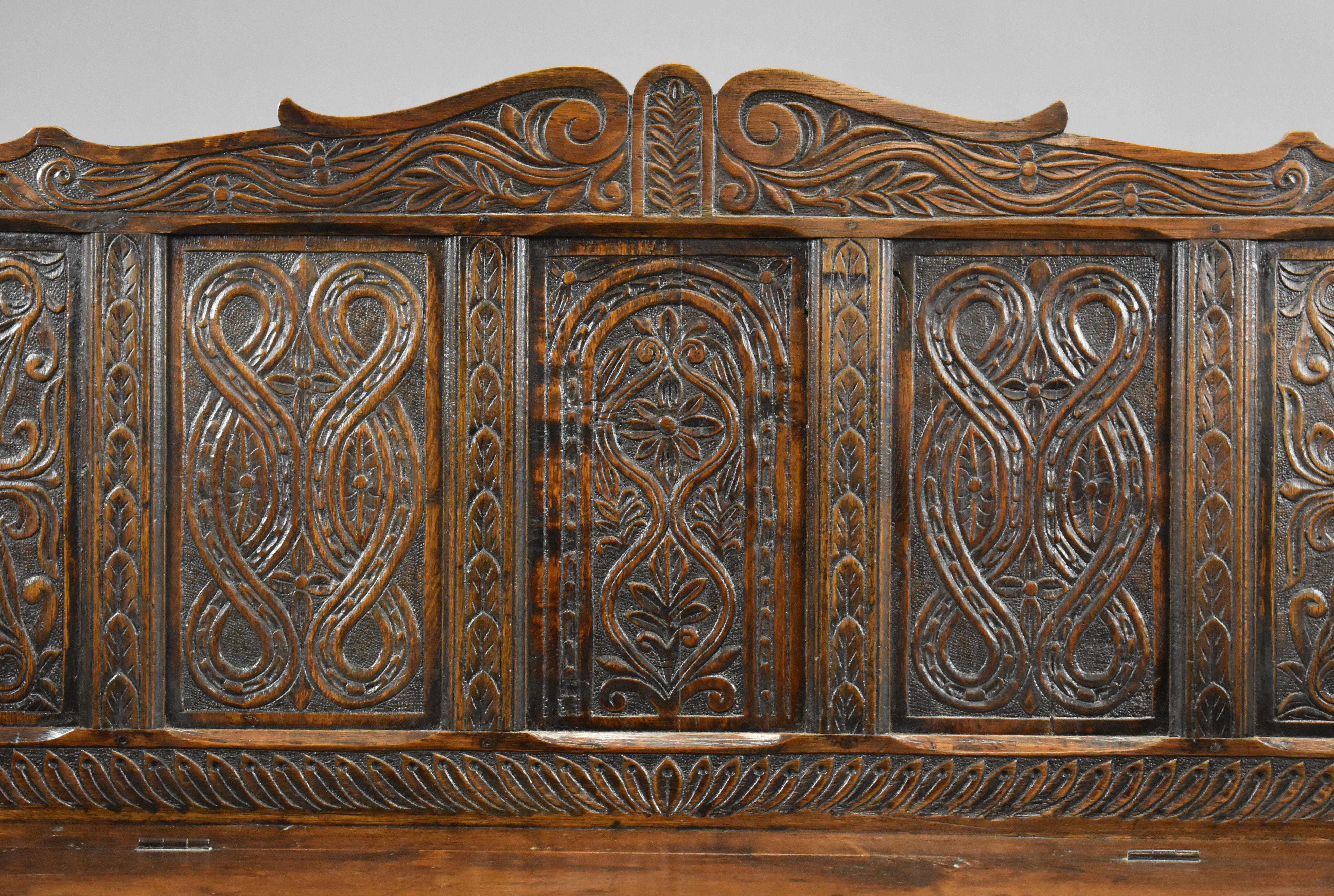 19th Century English Victorian Carved Oak Settle 5