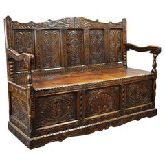 19th Century English Victorian Carved Oak Settle
