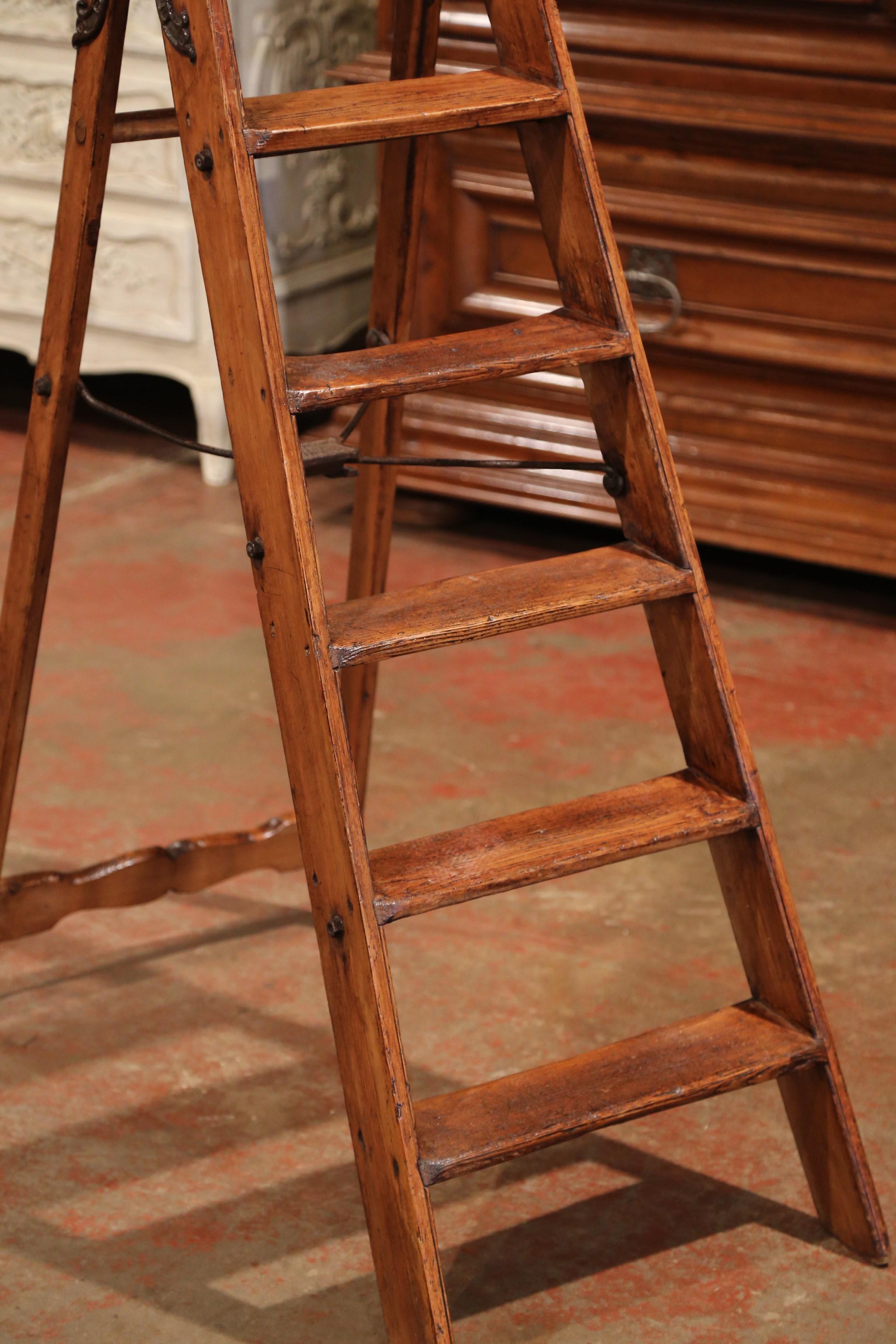 19th Century English Victorian Carved Pine and Iron Folding Library Step Ladder 2