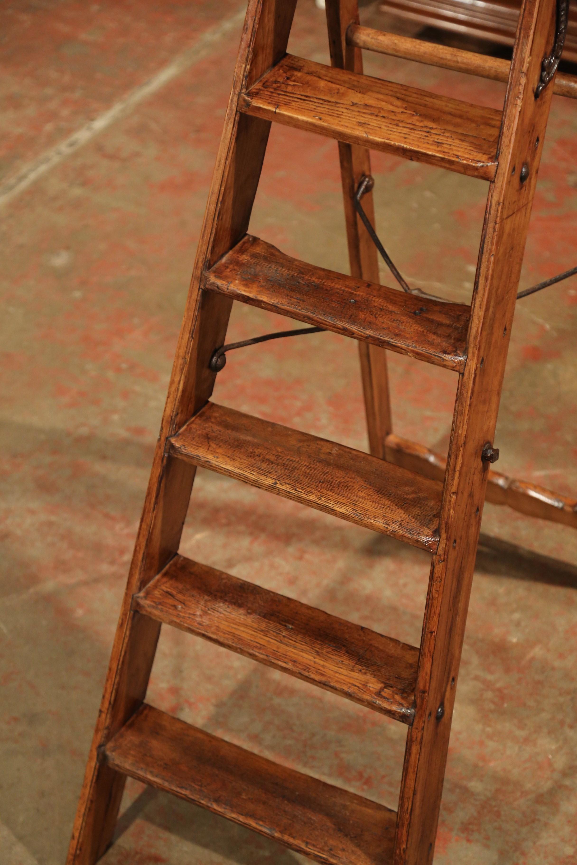 19th Century English Victorian Carved Pine and Iron Folding Library Step Ladder 3