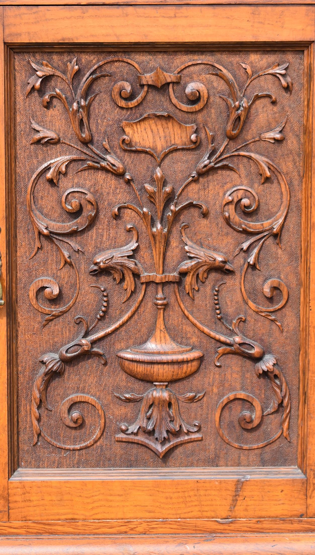 19th Century English Victorian Carved Pollard Oak Sideboard Buffet 1