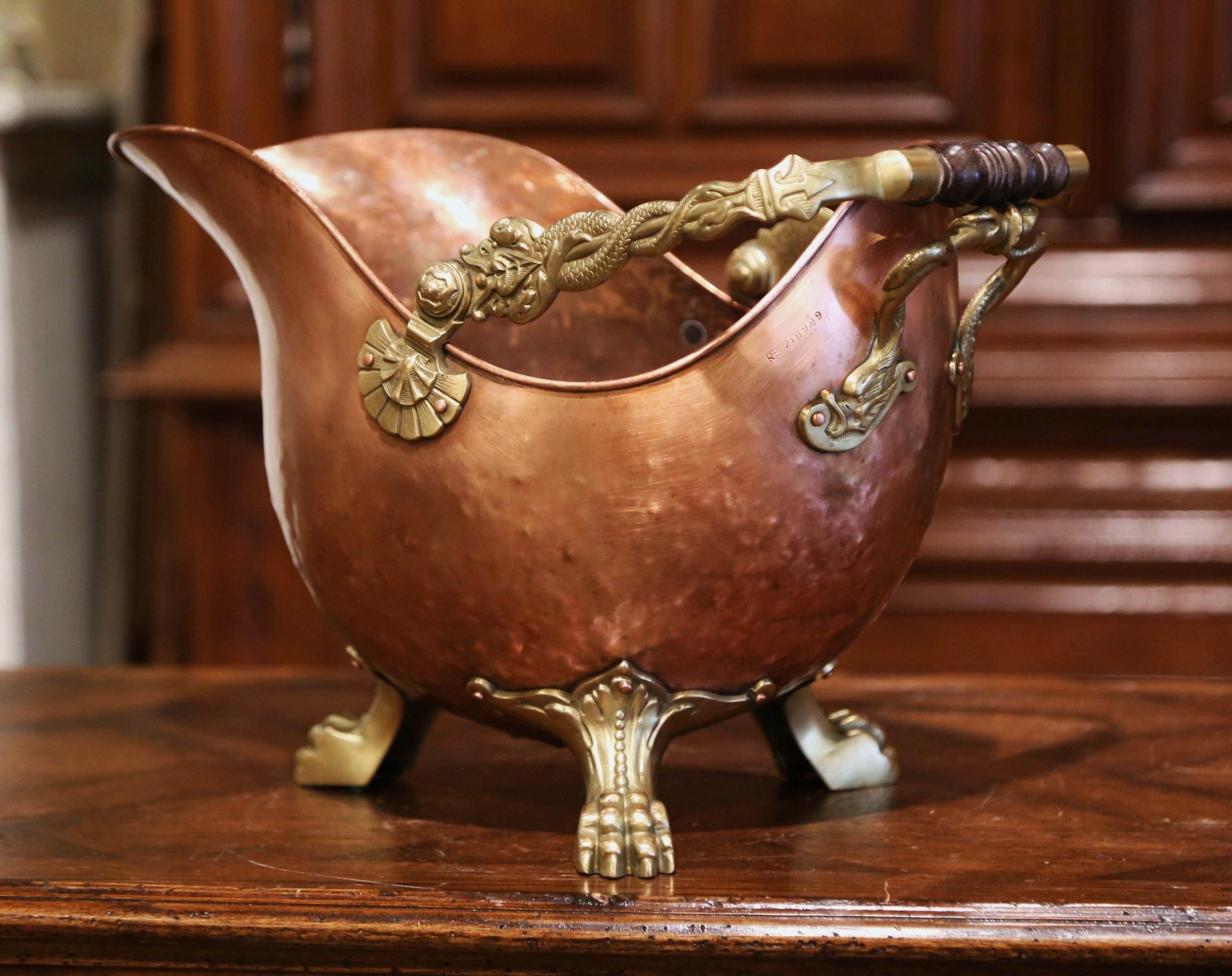 19th Century English Victorian Copper and Brass Coal Bucket with Dual Handles 4