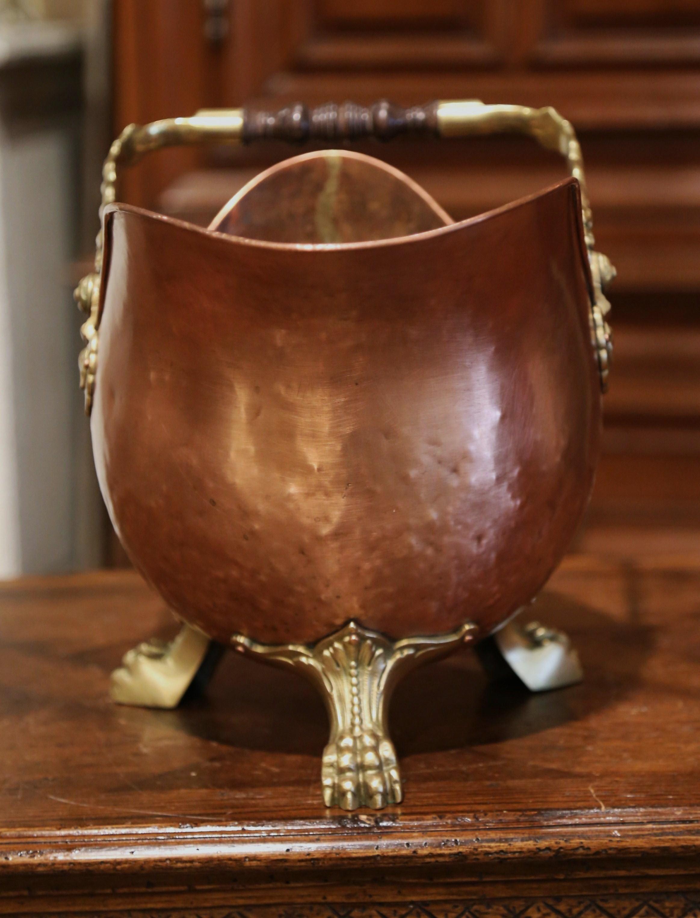 Hand-Carved 19th Century English Victorian Copper and Brass Coal Bucket with Dual Handles
