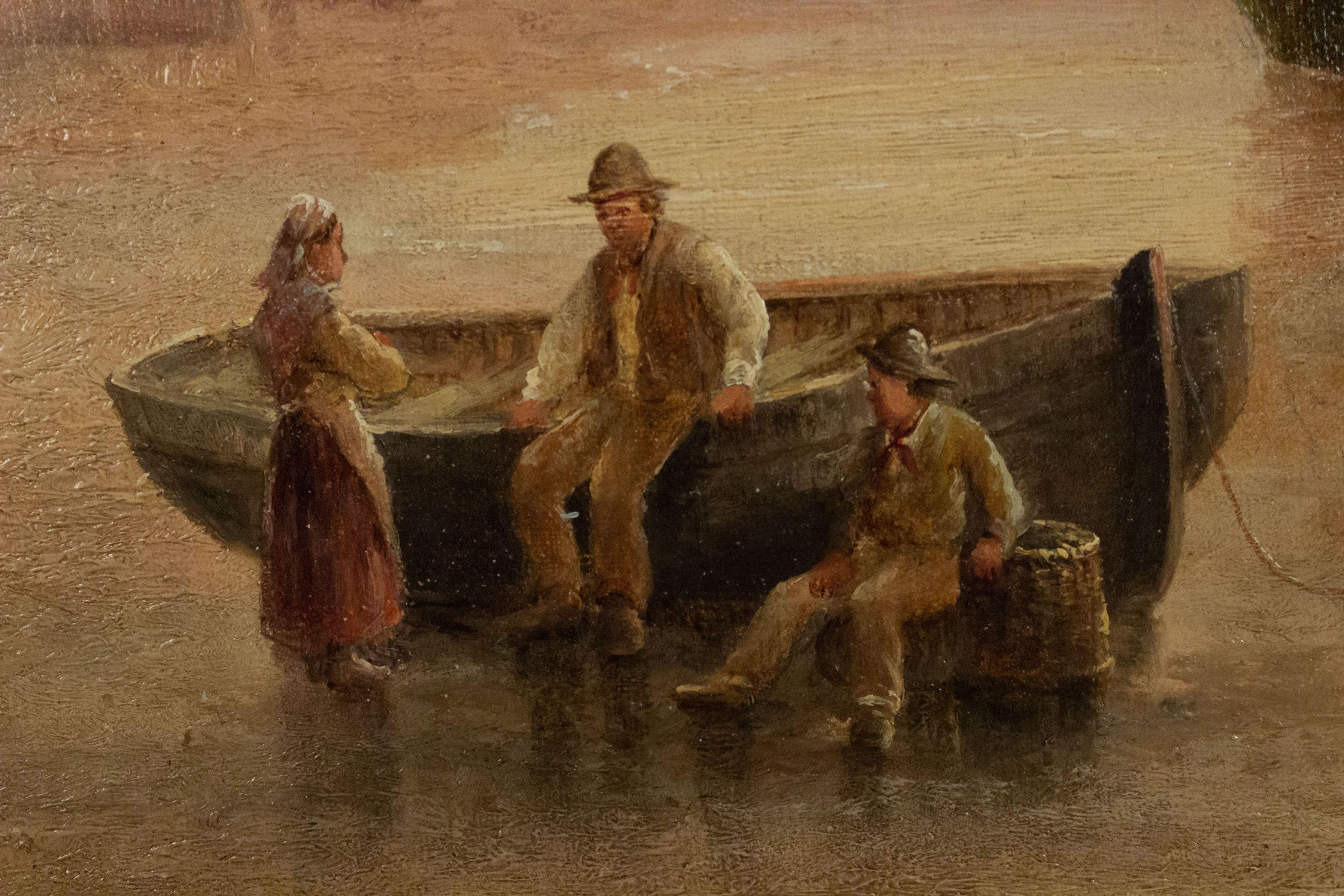 Canvas 19th Century English Victorian Fishing Boats Painting in a Gilt Frame For Sale