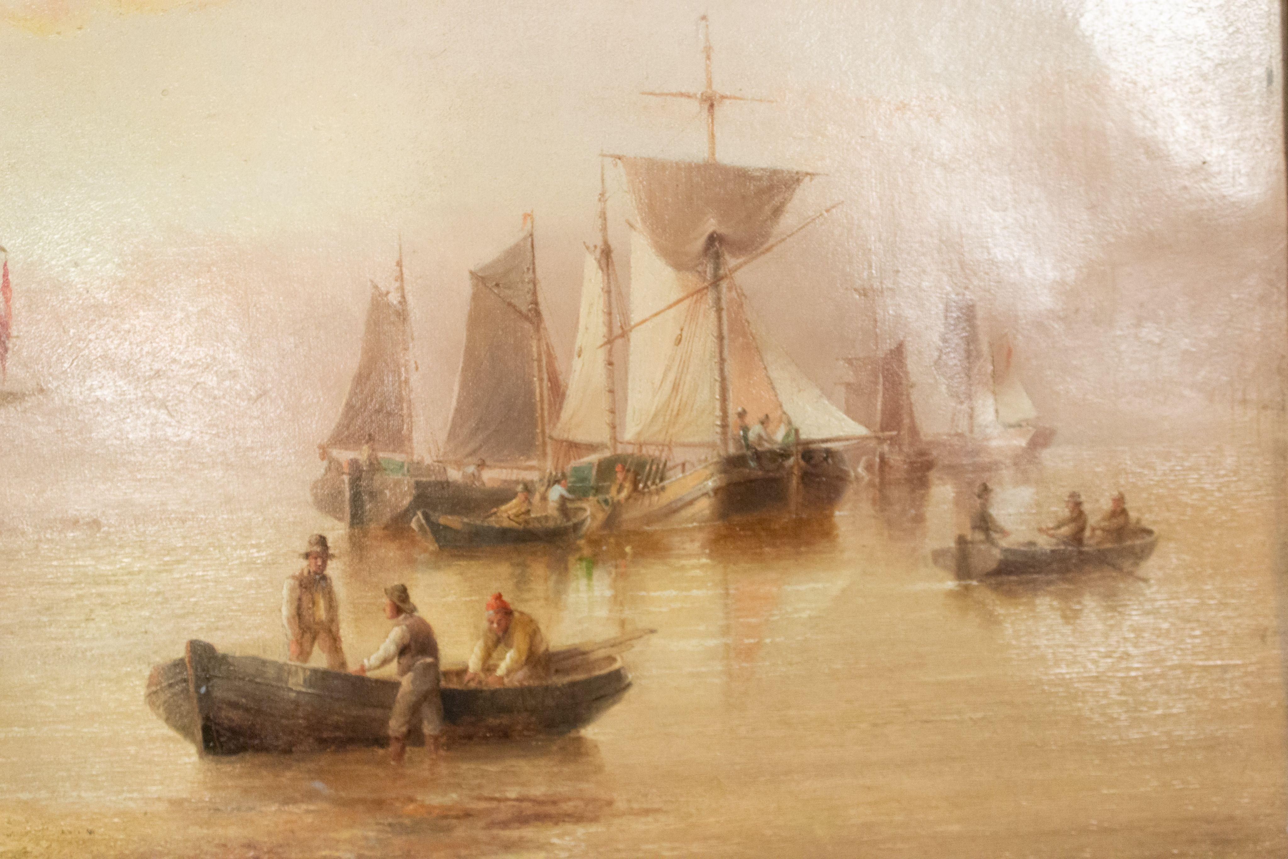 XIXe siècle Peinture anglaise victorienne du 19ème siècle représentant des bateaux de pêche dans un cadre doré en vente