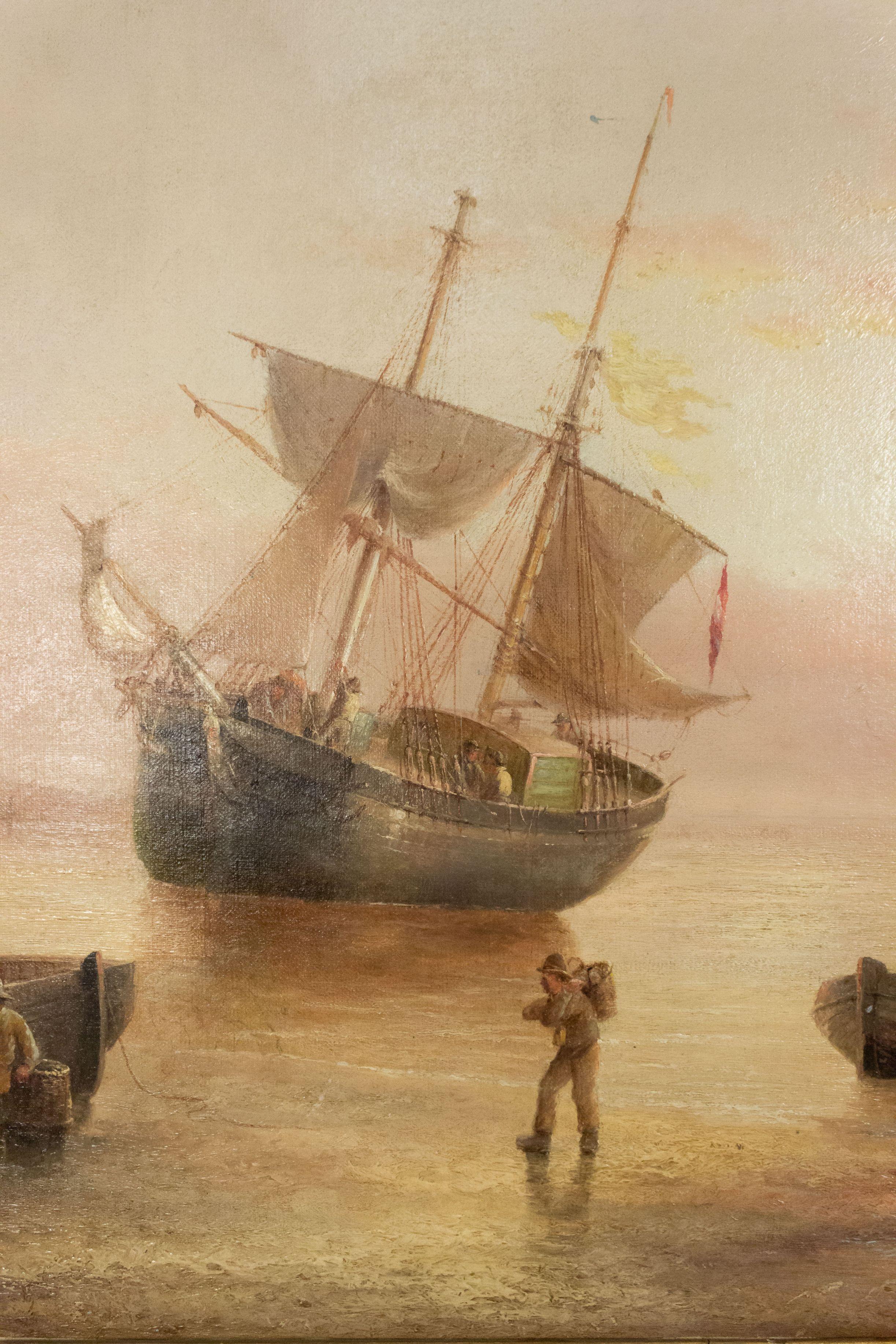 Toile Peinture anglaise victorienne du 19ème siècle représentant des bateaux de pêche dans un cadre doré en vente