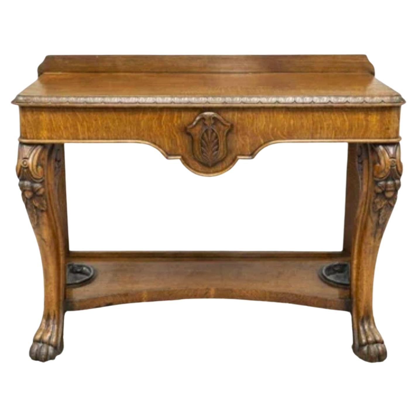 19th Century English Victorian Golden Tiger Oak Entryway Console Table