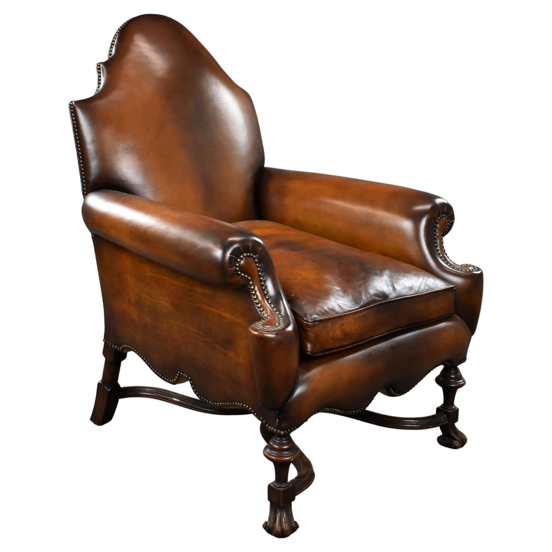 19th Century English Victorian Hand Dyed Leather Wing Back Armchair